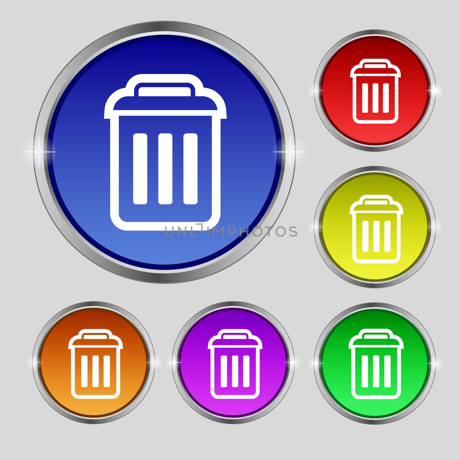 the trash icon sign. Round symbol on bright colourful buttons. illustration