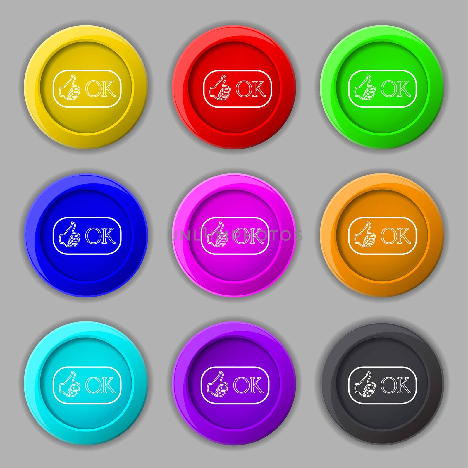 Ok sign icon. Positive check symbol. Set of colored buttons. illustration