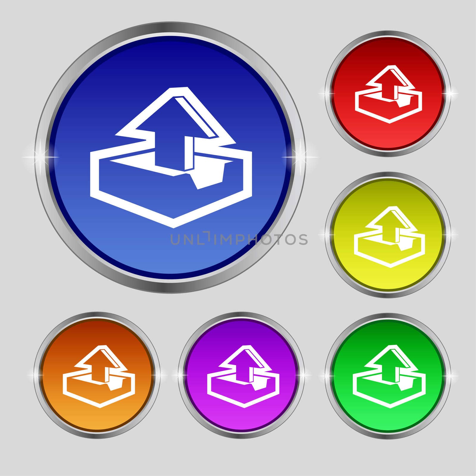 Upload icon sign. Round symbol on bright colourful buttons.  by serhii_lohvyniuk