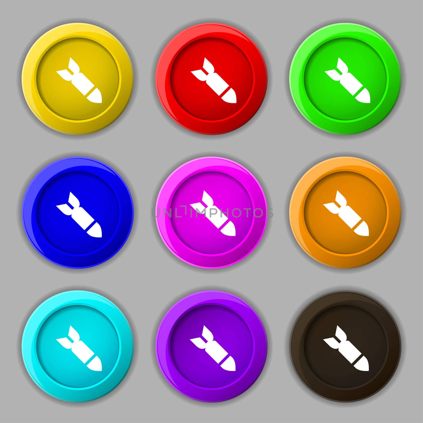 Missile,Rocket weapon icon sign. symbol on nine round colourful buttons.  by serhii_lohvyniuk
