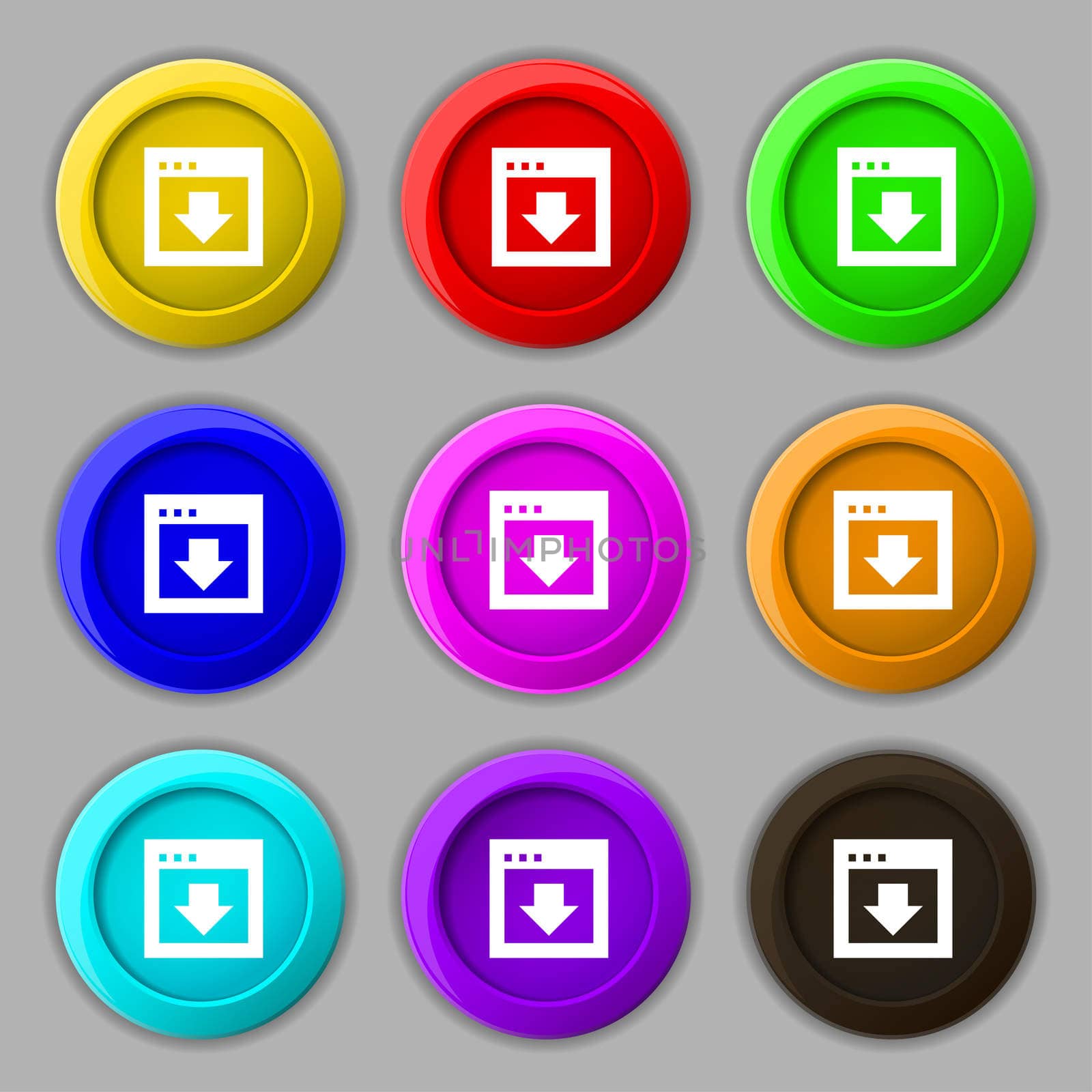 Arrow down, Download, Load, Backup icon sign. symbol on nine round colourful buttons.  by serhii_lohvyniuk