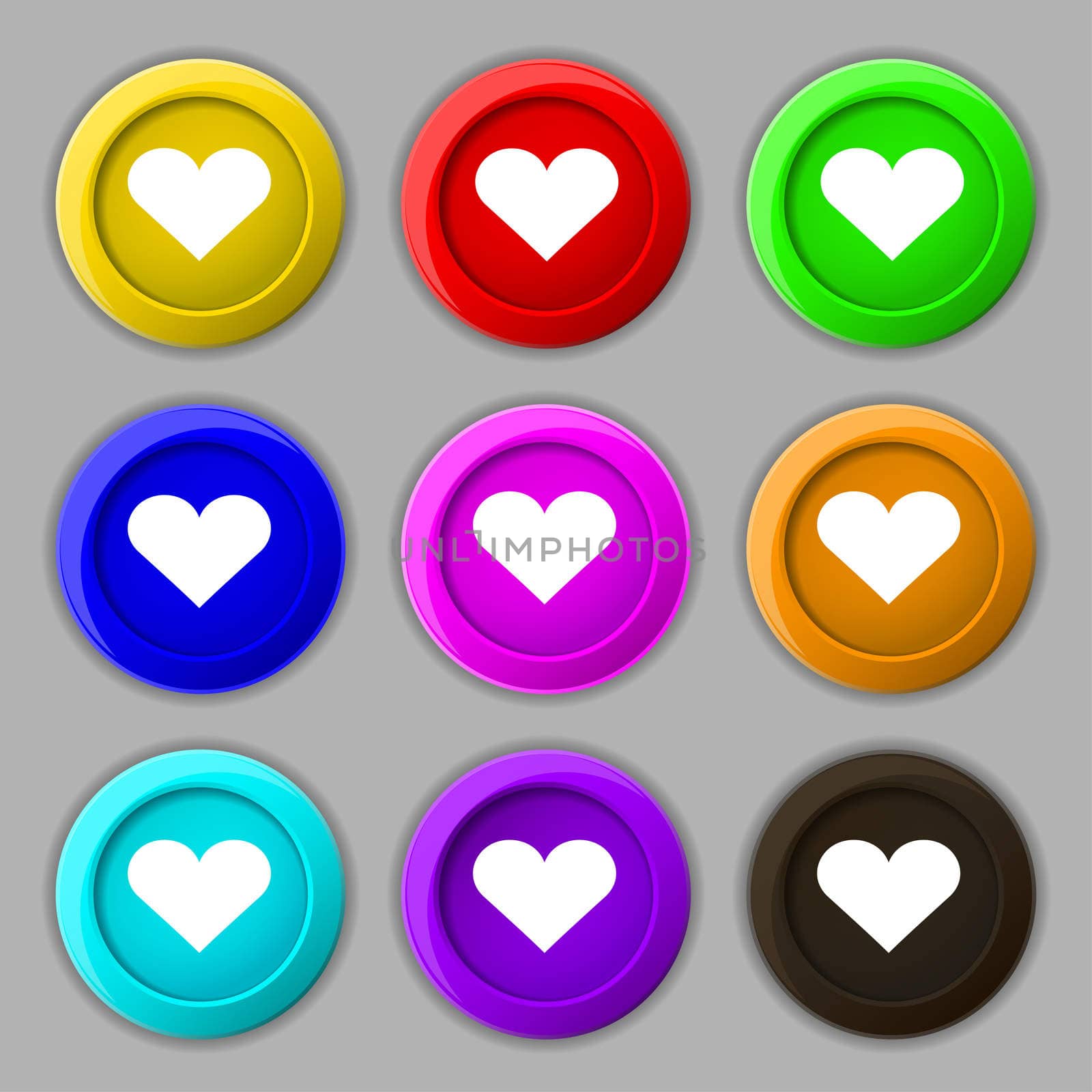 Heart, Love icon sign. symbol on nine round colourful buttons.  by serhii_lohvyniuk