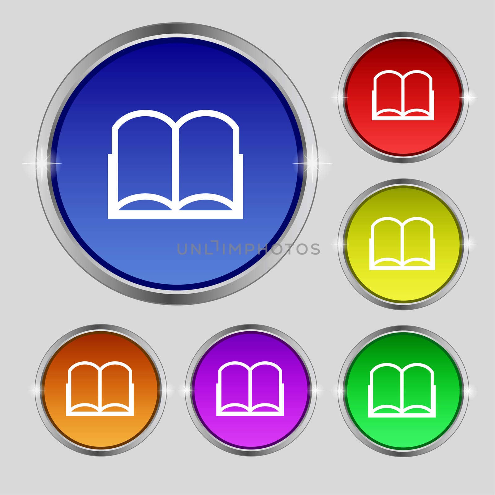 Book sign icon. Open book symbol. Set of colored buttons. illustration