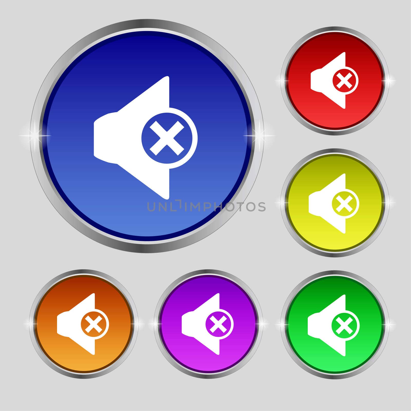 Mute speaker sign icon. Sound symbol. Set of colourful buttons. illustration