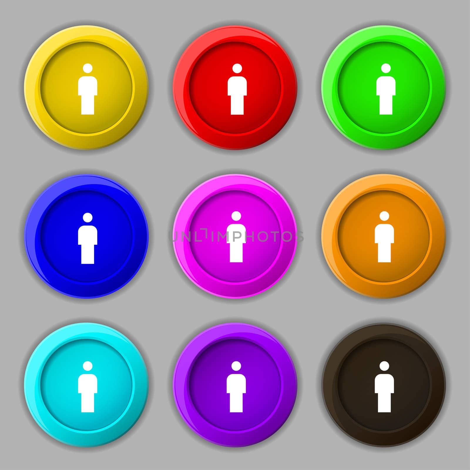 Human, Man Person, Male toilet icon sign. symbol on nine round colourful buttons. illustration
