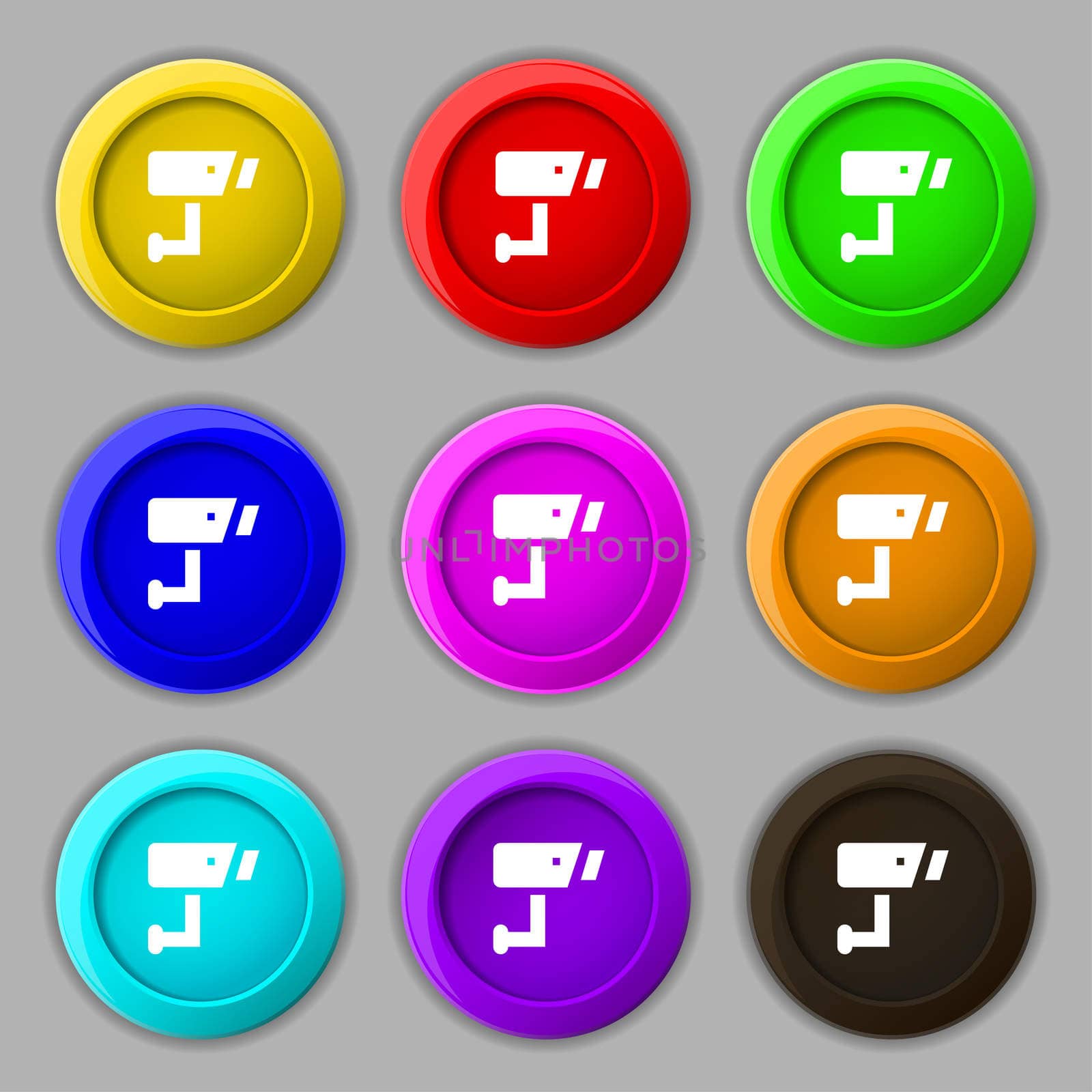 Surveillance Camera icon sign. symbol on nine round colourful buttons. illustration