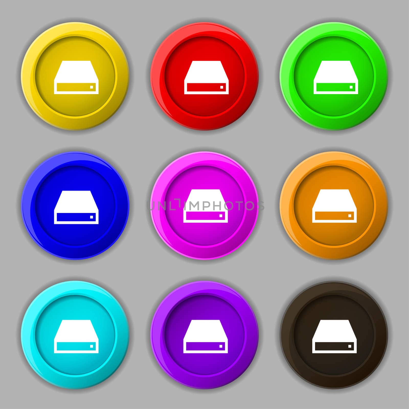 CD-ROM icon sign. symbol on nine round colourful buttons.  by serhii_lohvyniuk