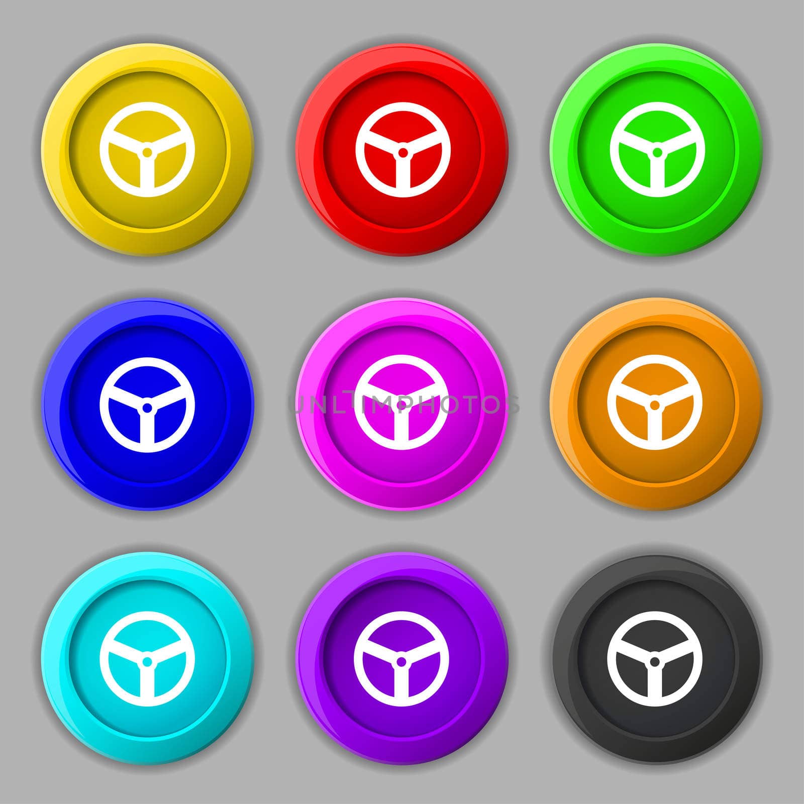 Steering wheel icon sign. symbol on nine round colourful buttons. illustration