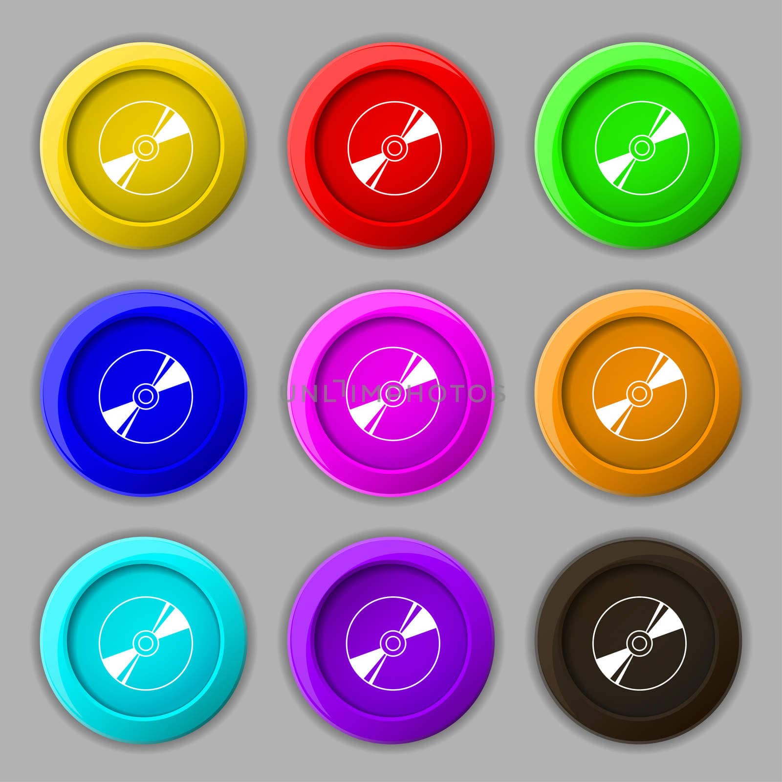 Cd, DVD, compact disk, blue ray icon sign. symbol on nine round colourful buttons. illustration