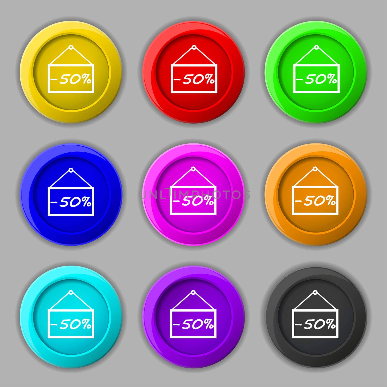 50 discount icon sign. symbol on nine round colourful buttons. illustration