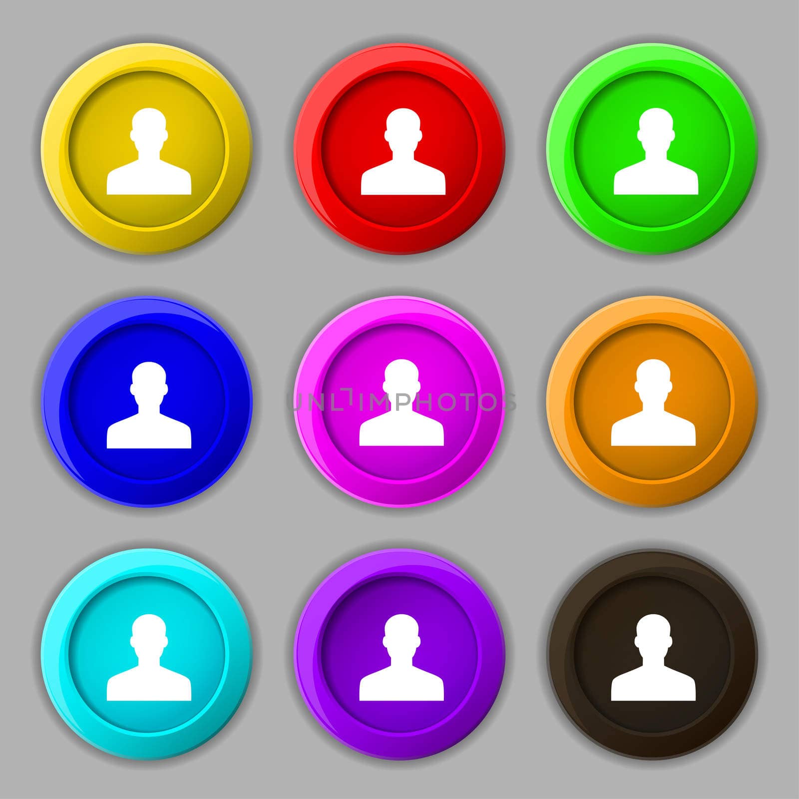 User, Person, Log in icon sign. symbol on nine round colourful buttons. illustration