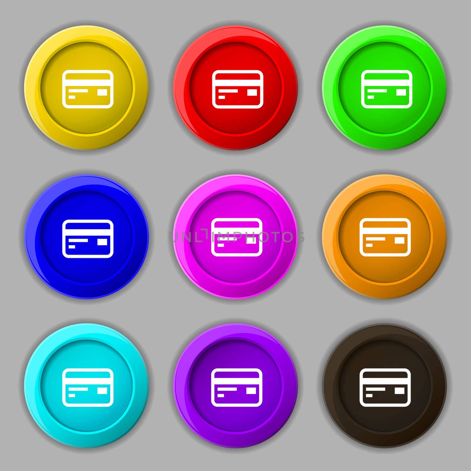 Credit, debit card icon sign. symbol on nine round colourful buttons.  by serhii_lohvyniuk