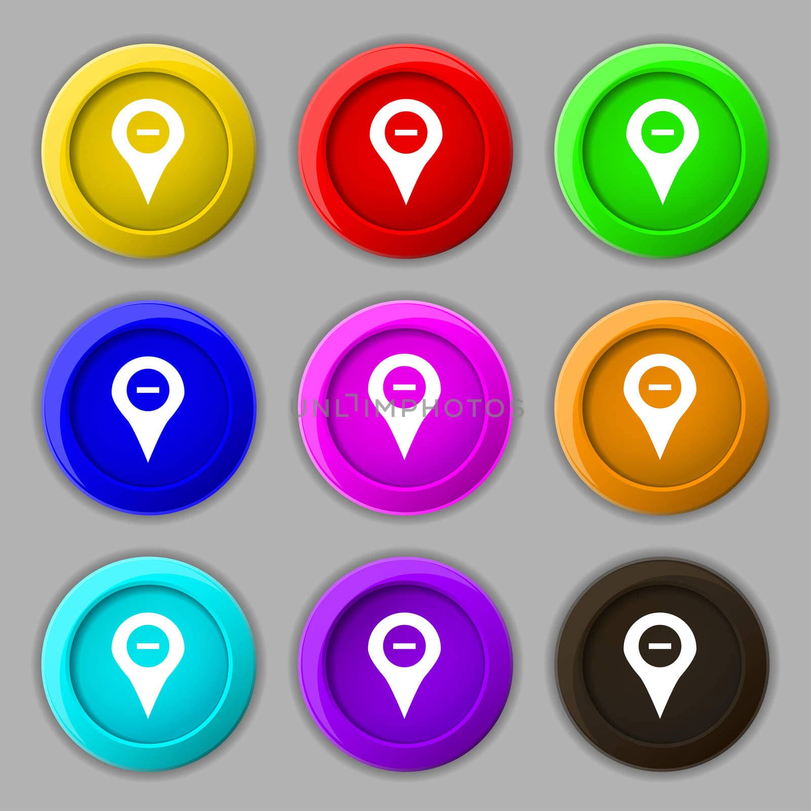 Minus Map pointer, GPS location icon sign. symbol on nine round colourful buttons.  by serhii_lohvyniuk