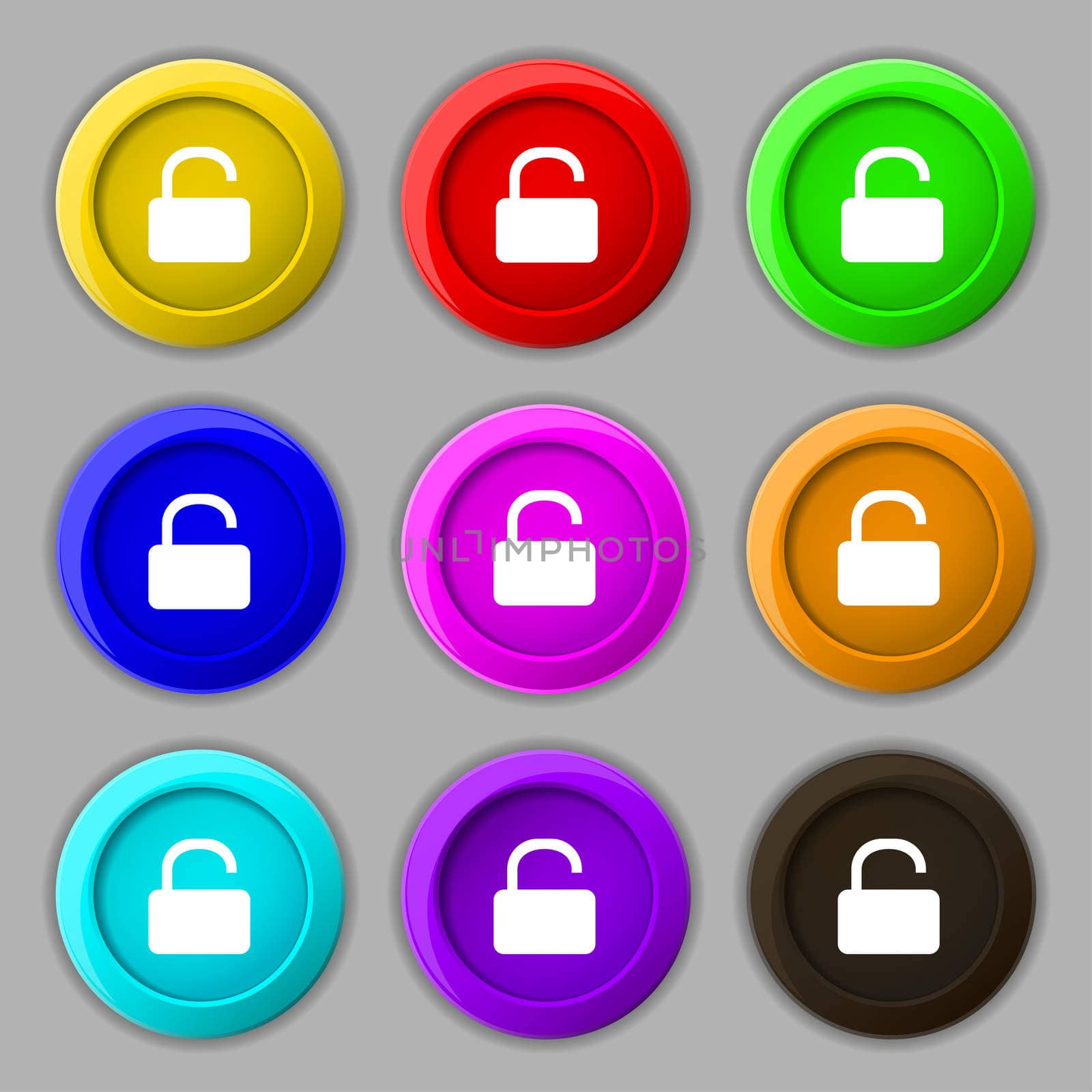 Open Padlock icon sign. symbol on nine round colourful buttons. illustration