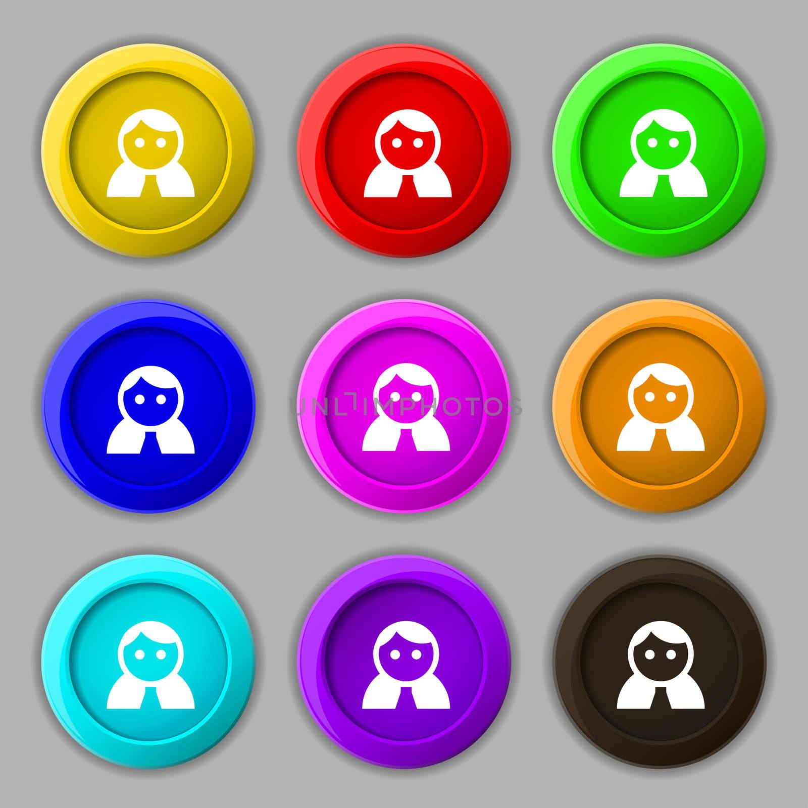Female, Woman human, Women toilet, User, Login icon sign. symbol on nine round colourful buttons. illustration