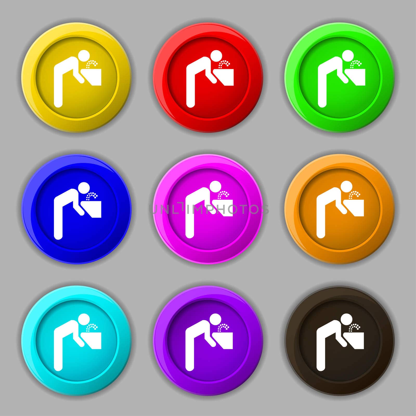 drinking fountain icon sign. symbol on nine round colourful buttons. illustration