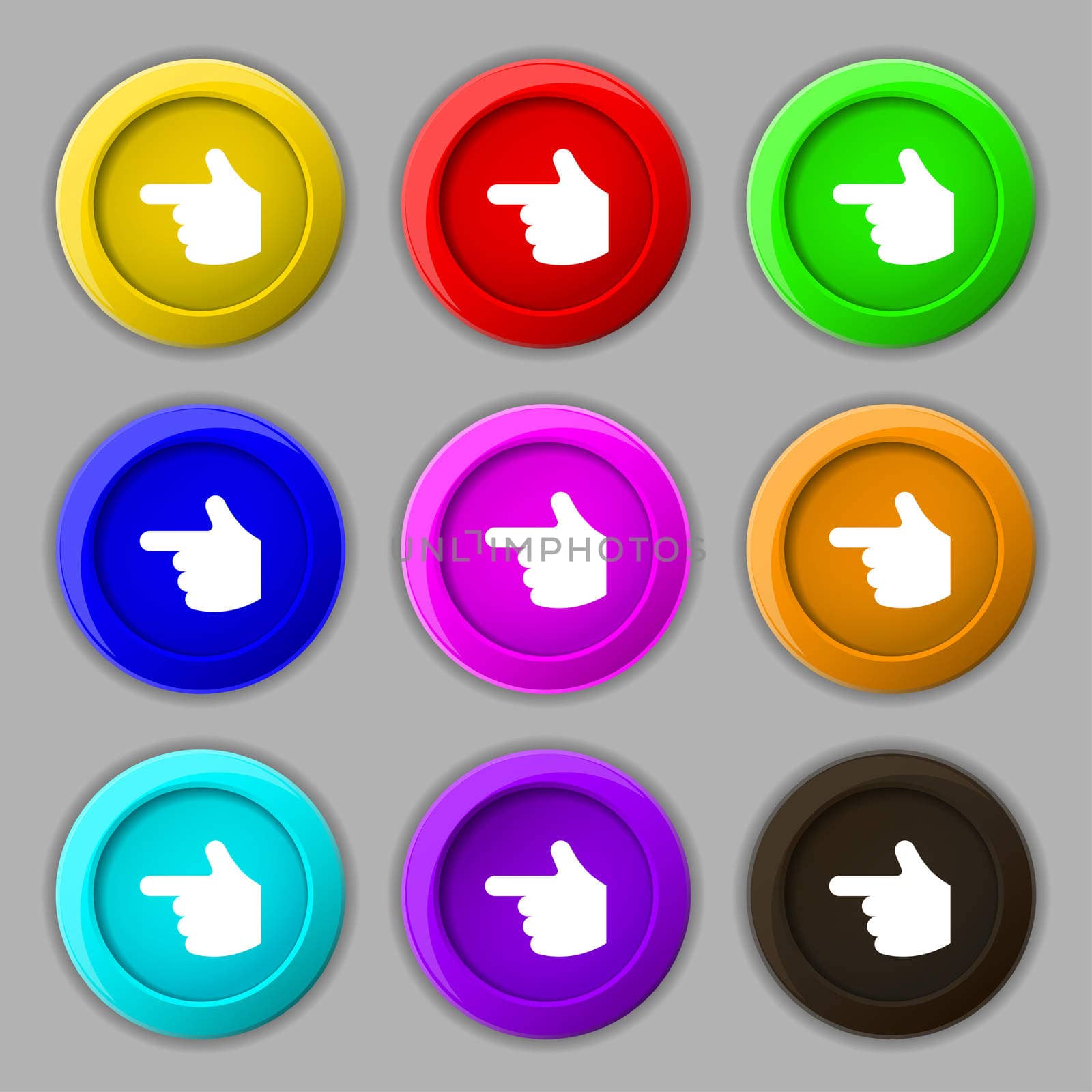 pointing hand icon sign. symbol on nine round colourful buttons. illustration