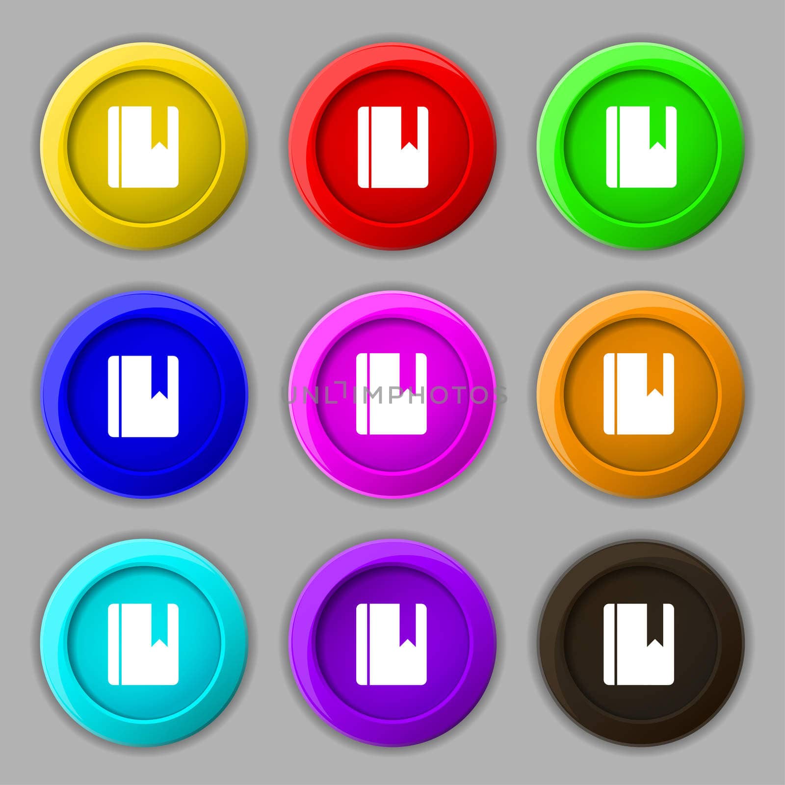 book bookmark icon sign. symbol on nine round colourful buttons. illustration