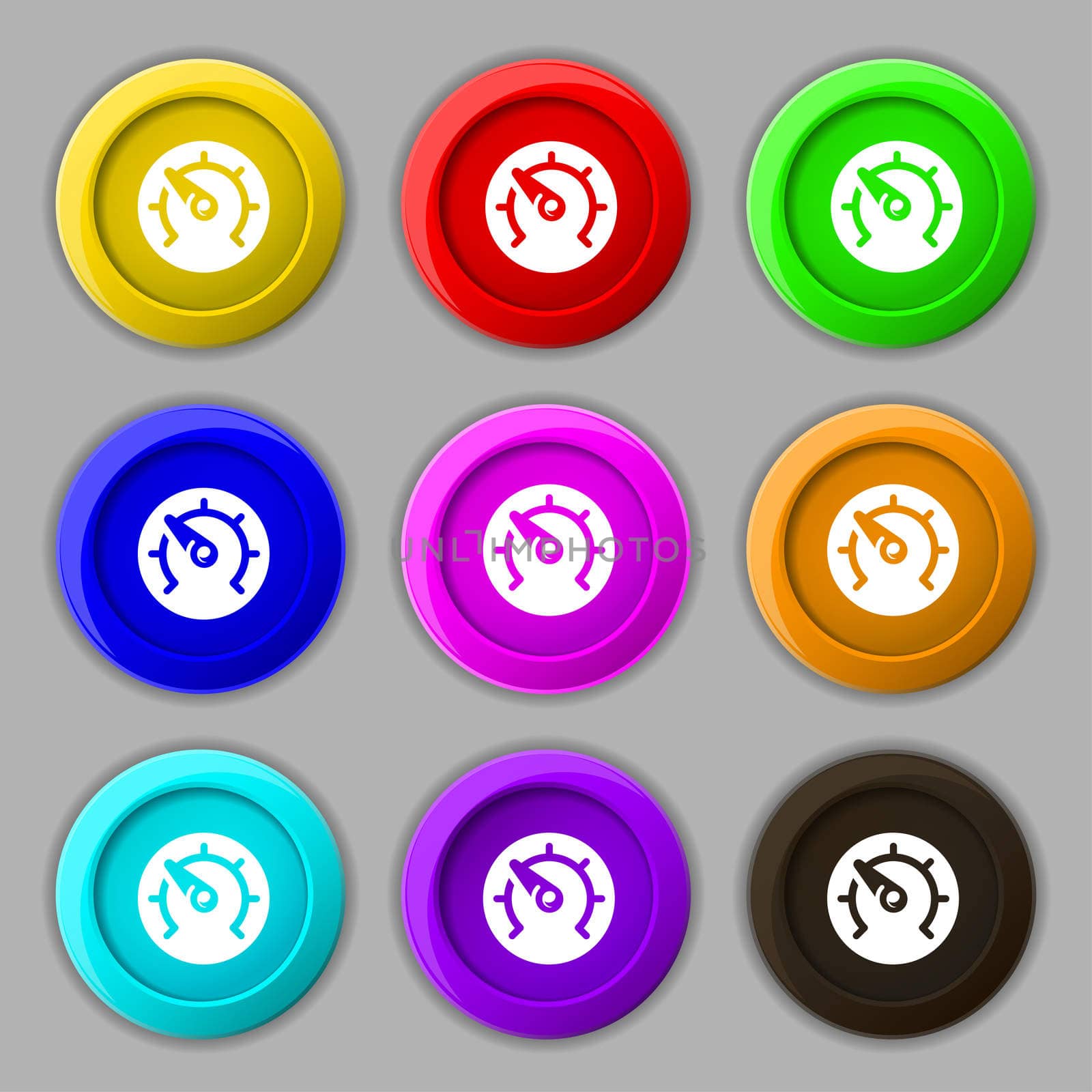 speed, speedometer icon sign. symbol on nine round colourful buttons. illustration