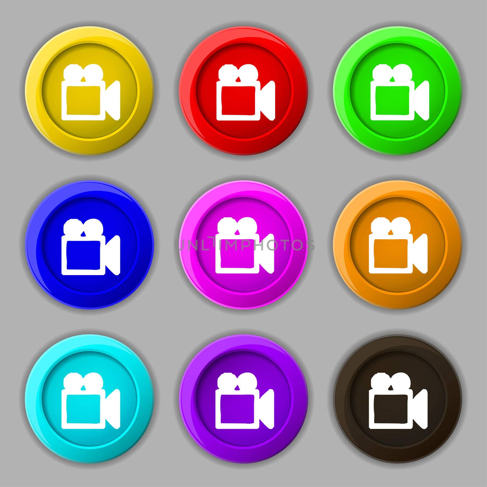 camcorder icon sign. symbol on nine round colourful buttons. illustration