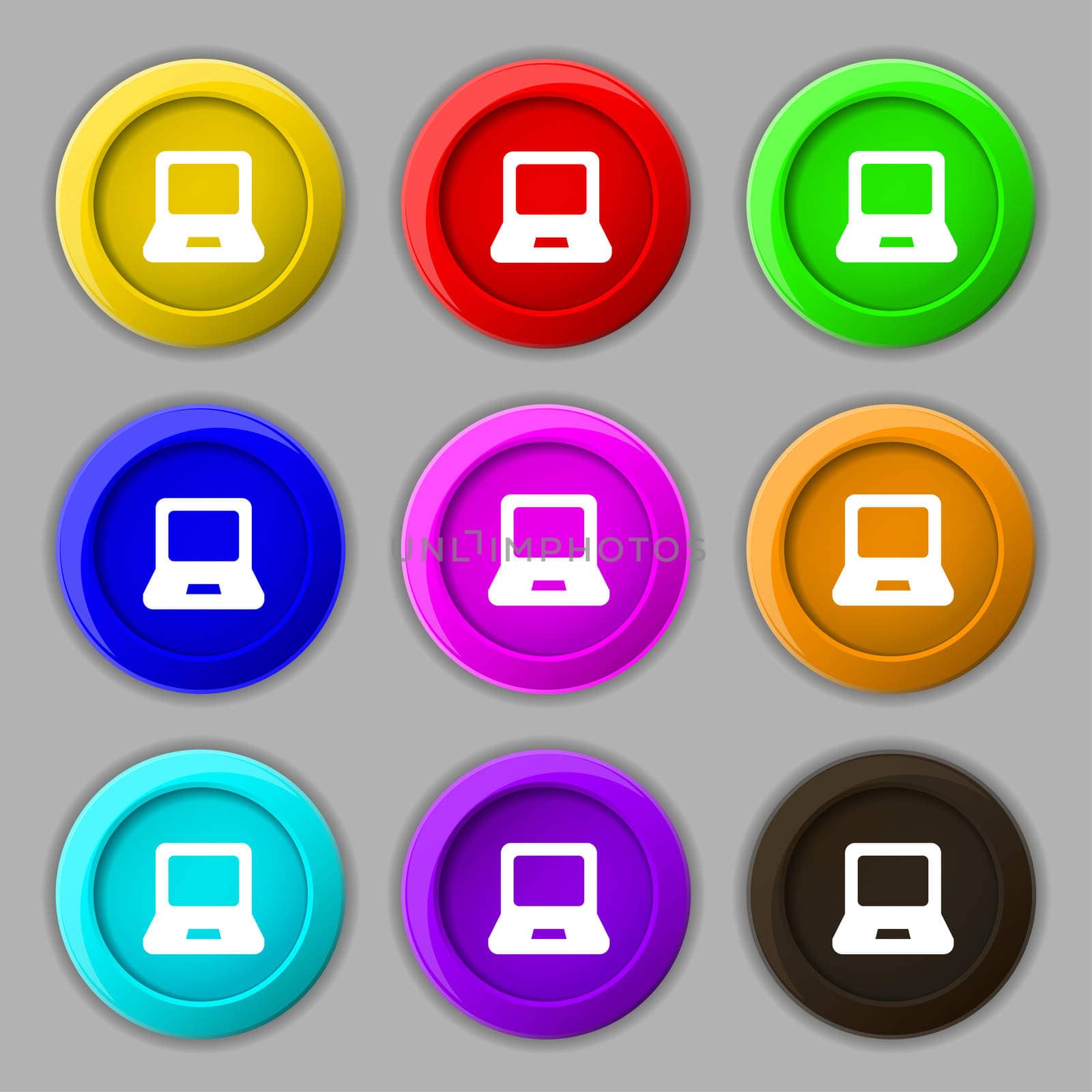 Laptop icon sign. symbol on nine round colourful buttons.  by serhii_lohvyniuk