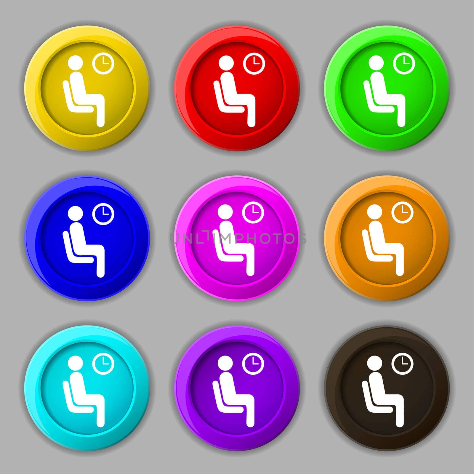 waiting icon sign. symbol on nine round colourful buttons. illustration