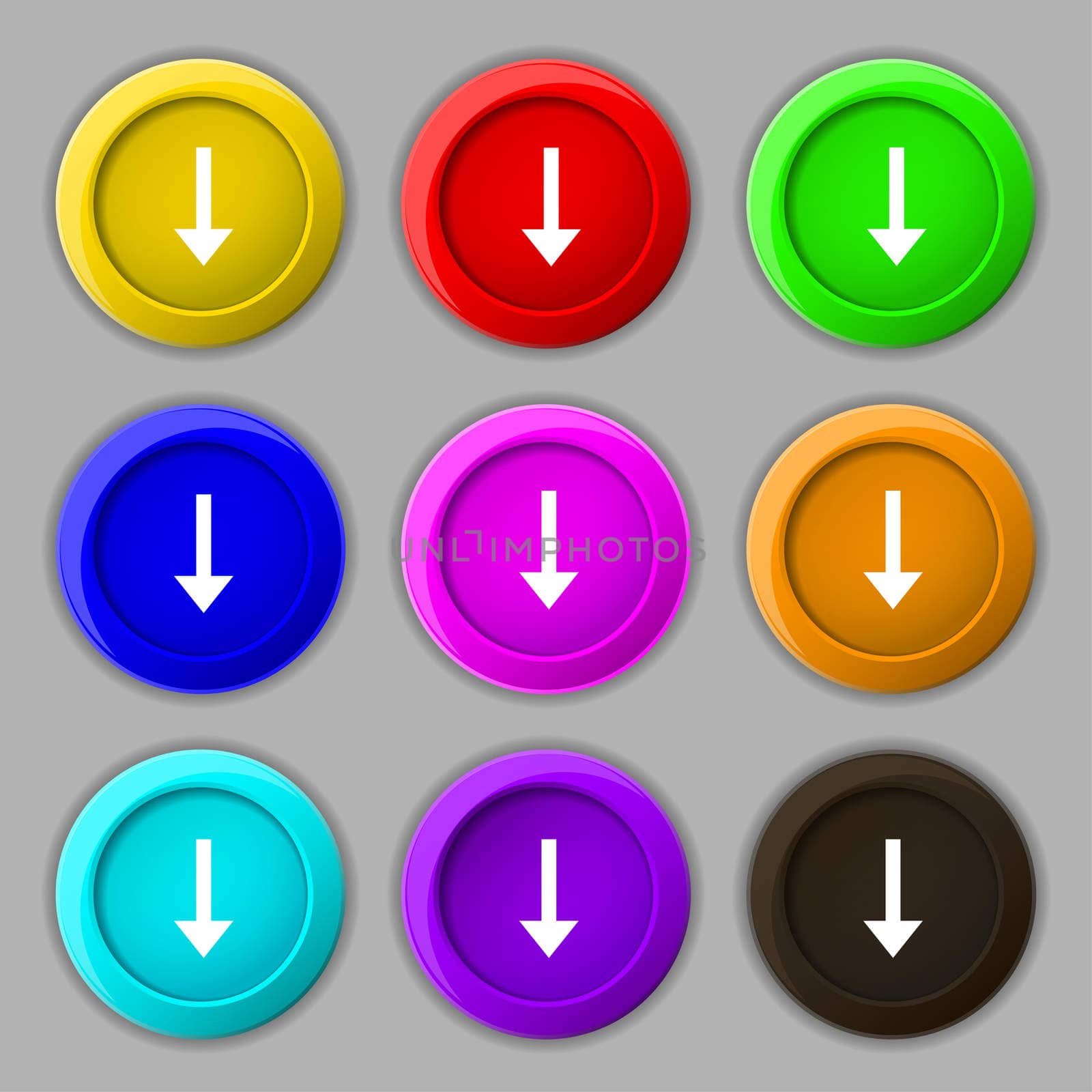 Arrow down, Download, Load, Backup icon sign. symbol on nine round colourful buttons. illustration