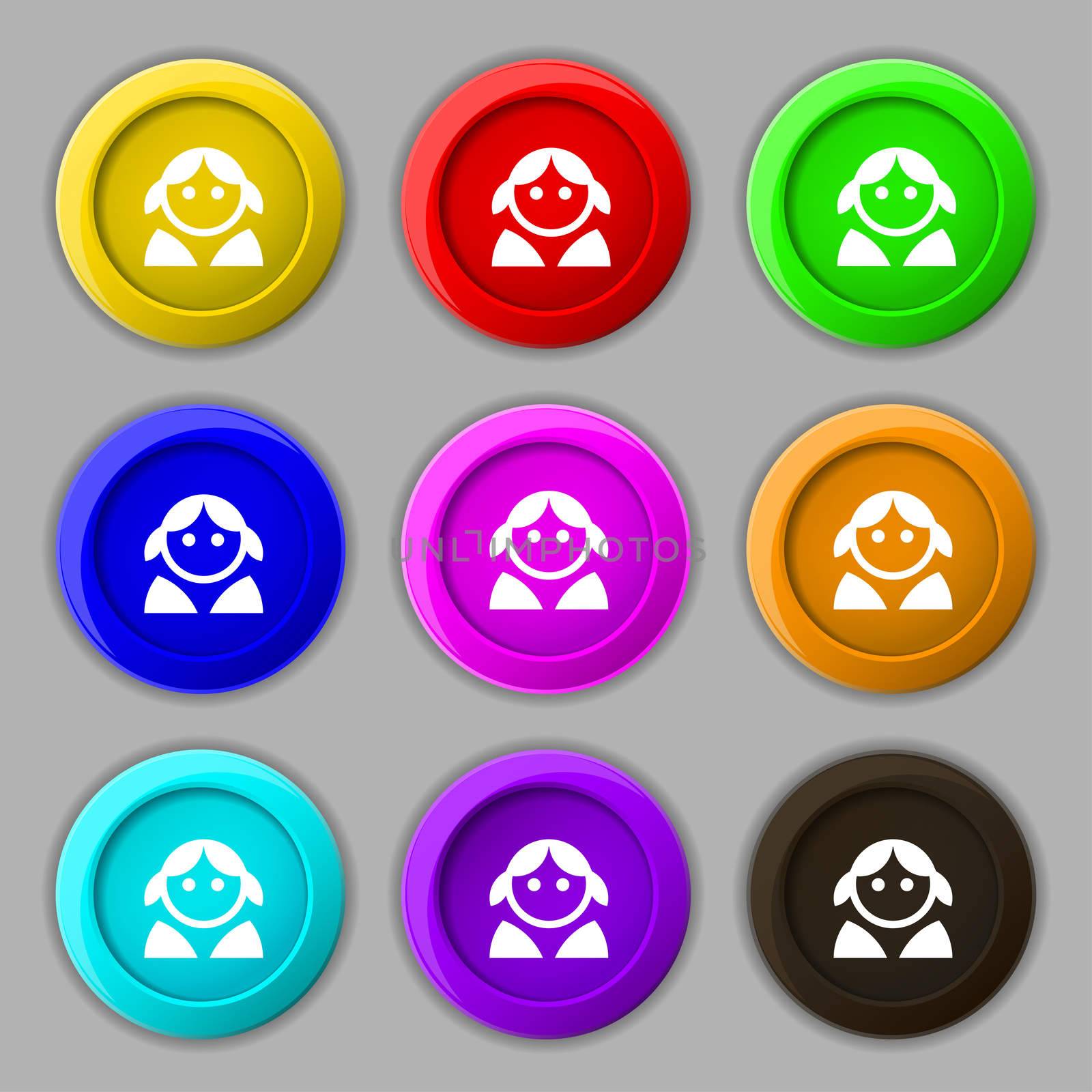 Female, Woman human, Women toilet, User, Login icon sign. symbol on nine round colourful buttons.  by serhii_lohvyniuk
