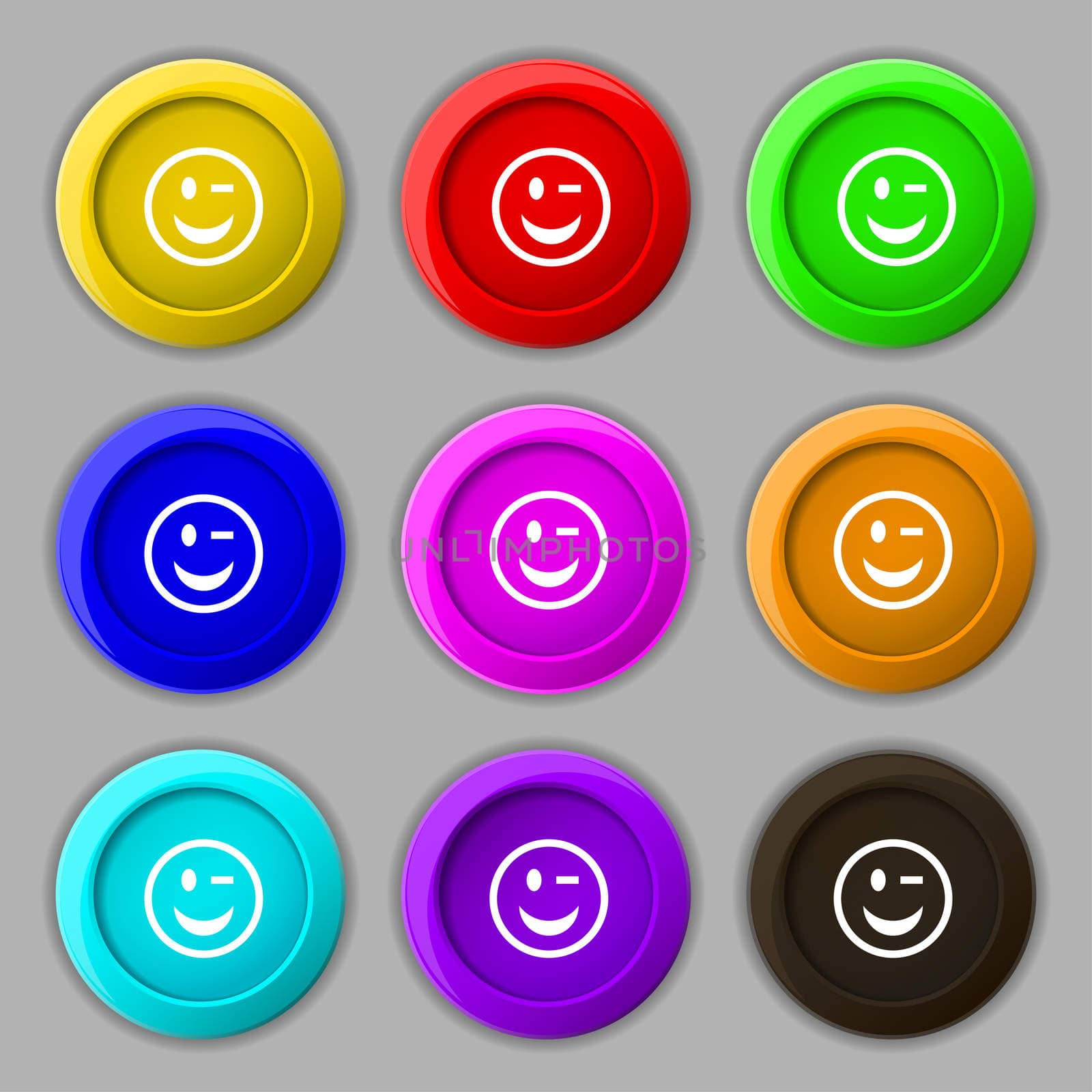 Winking Face icon sign. symbol on nine round colourful buttons.  by serhii_lohvyniuk