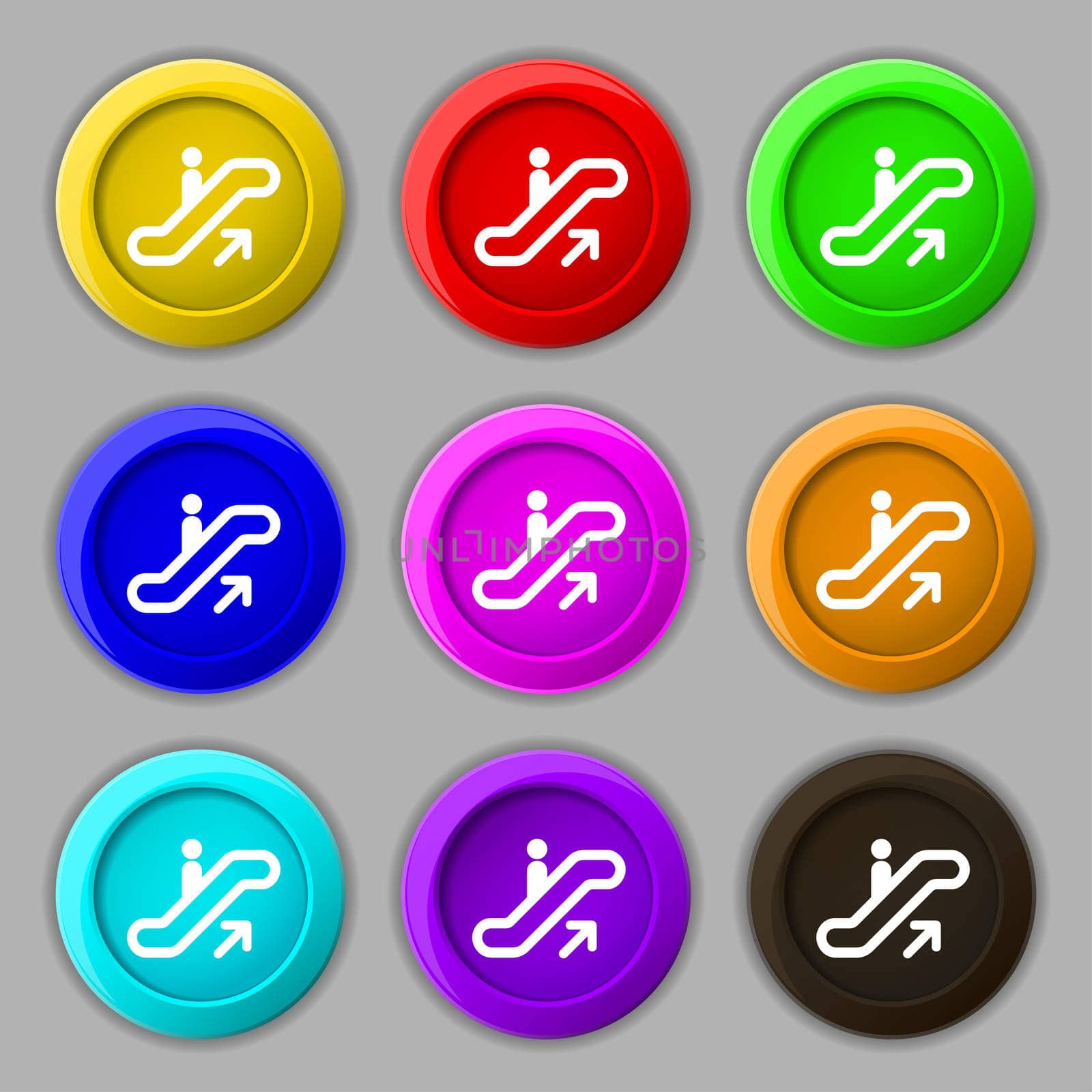 elevator, Escalator, Staircase icon sign. symbol on nine round colourful buttons. illustration