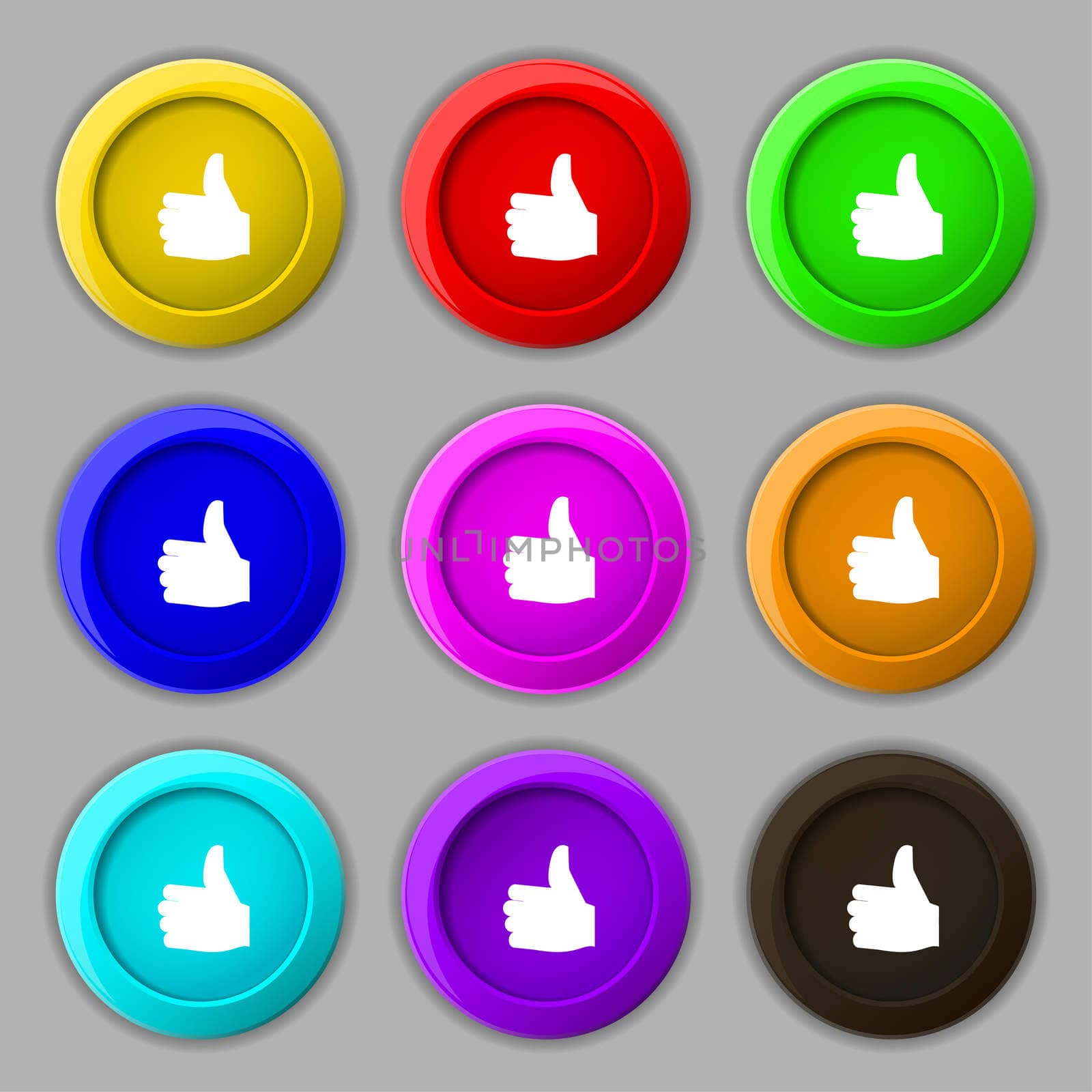 Like, Thumb up icon sign. symbol on nine round colourful buttons. illustration