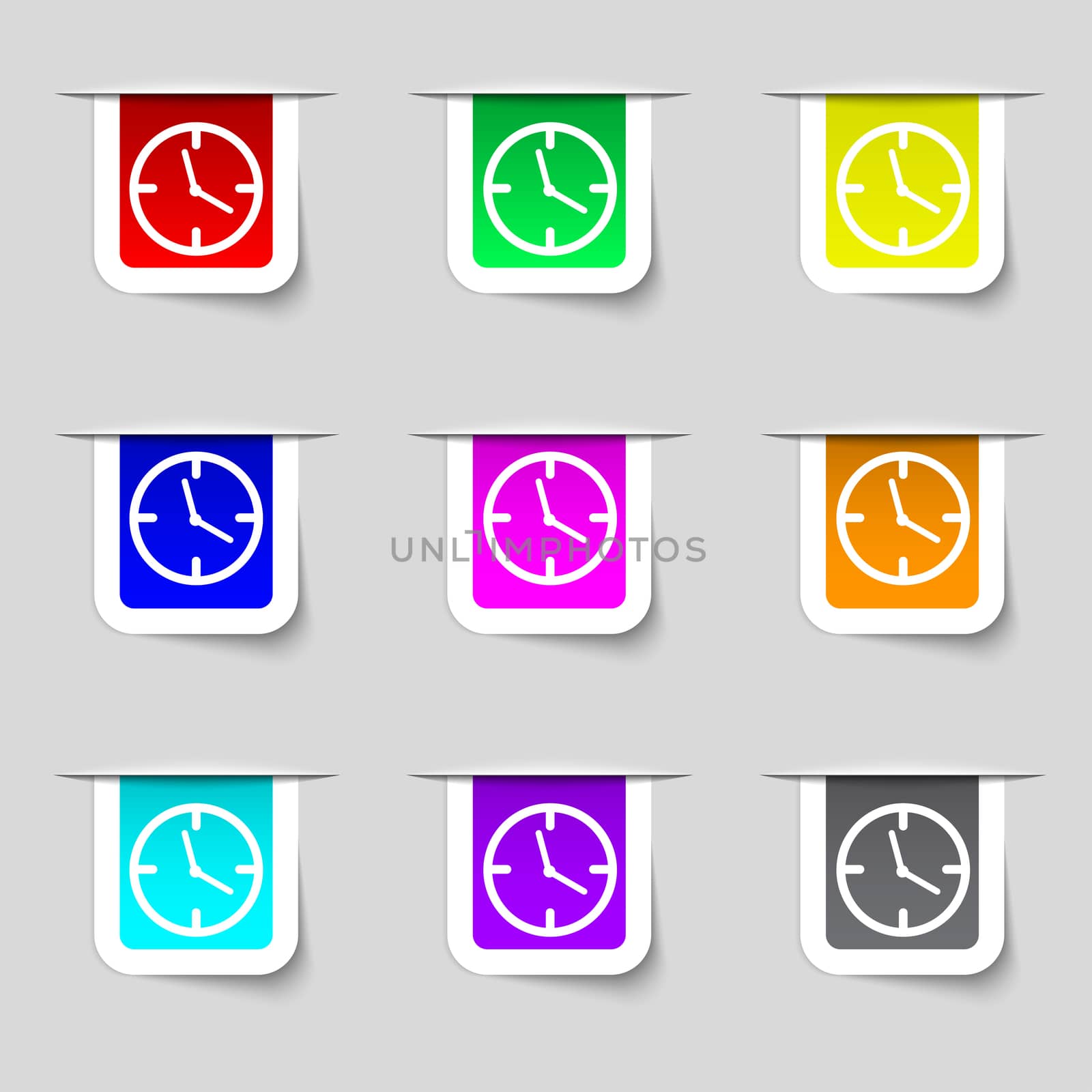 Clock time sign icon. Mechanical watch symbol. Set of colourful buttons.  by serhii_lohvyniuk