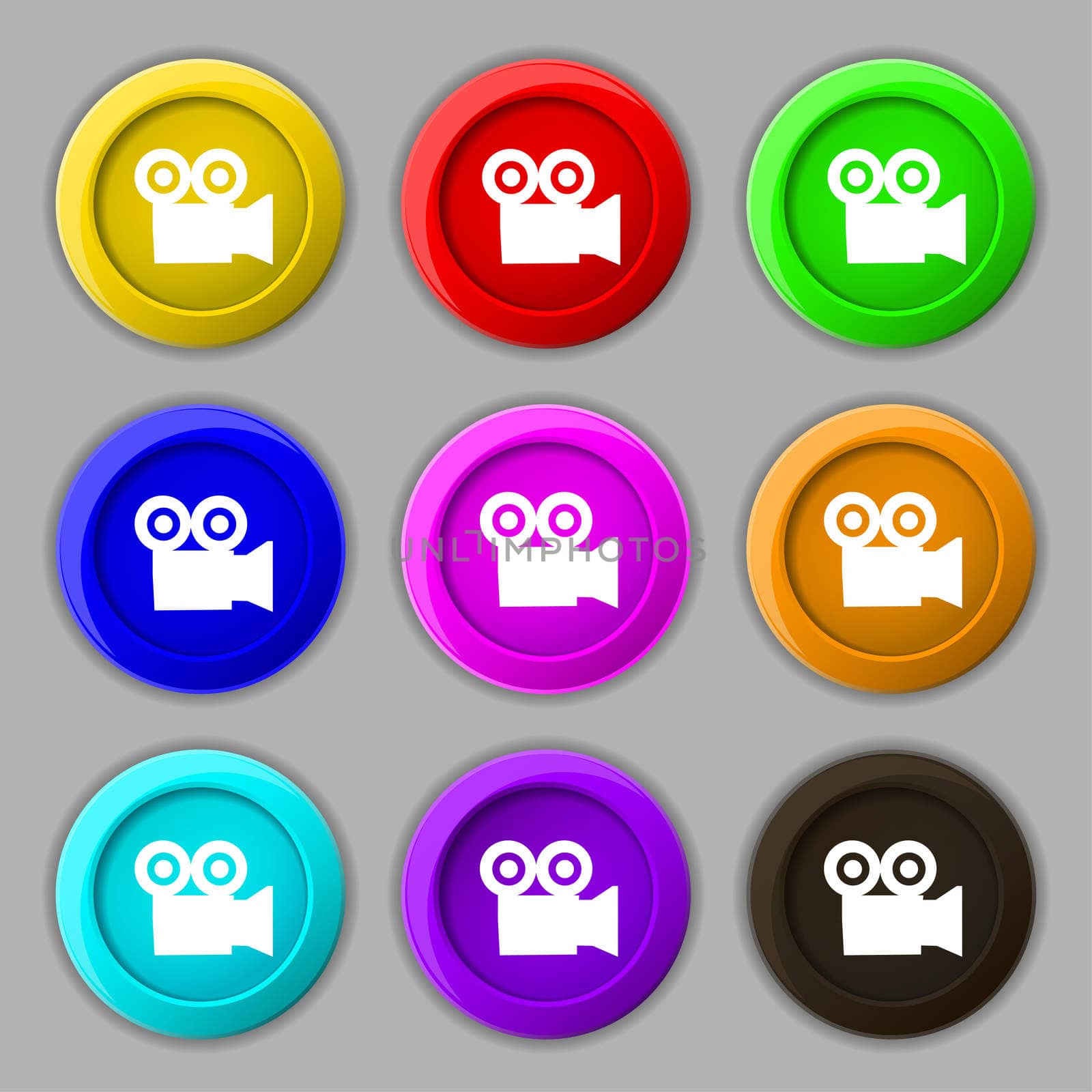 video camera icon sign. symbol on nine round colourful buttons. illustration