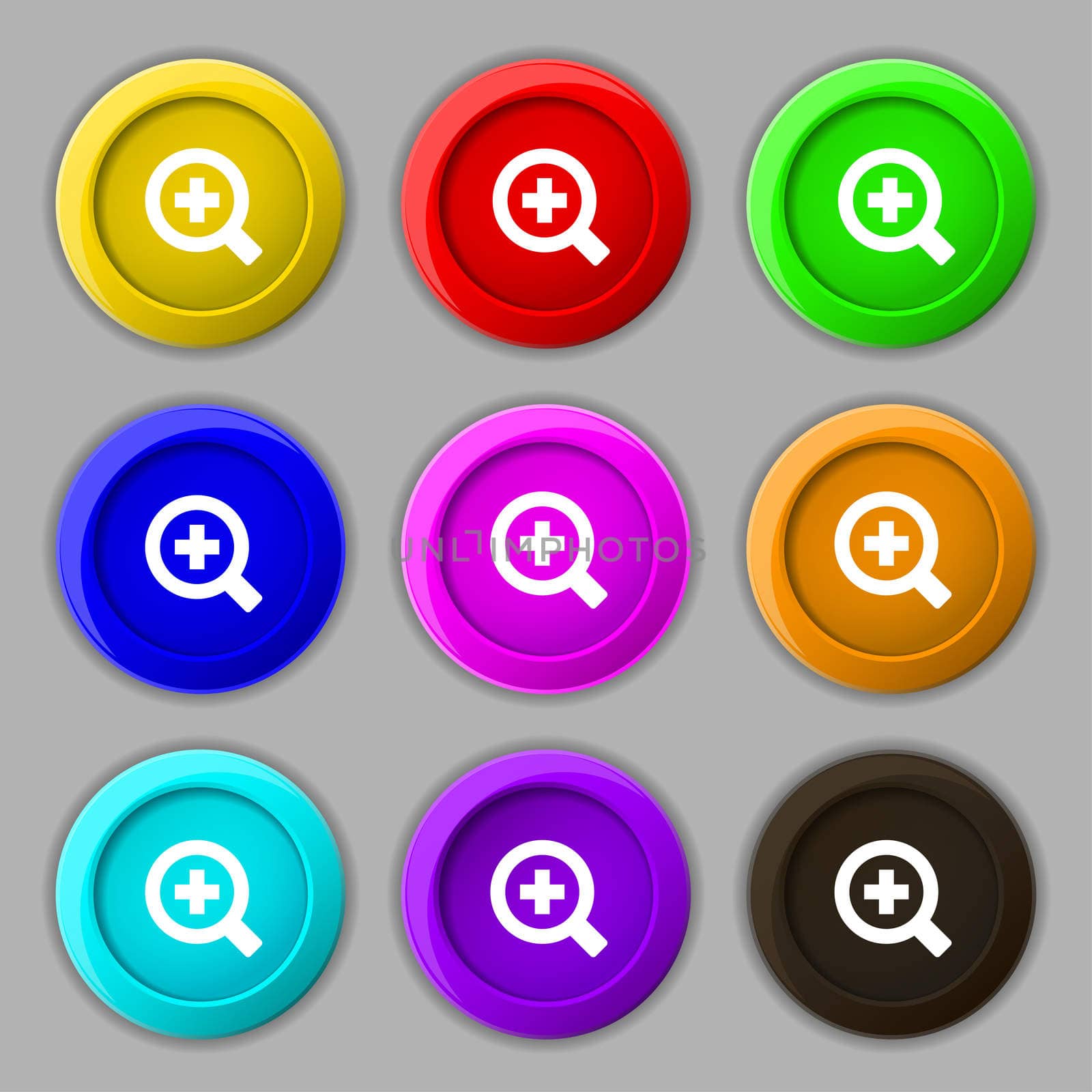 Magnifier glass, Zoom tool icon sign. symbol on nine round colourful buttons.  by serhii_lohvyniuk