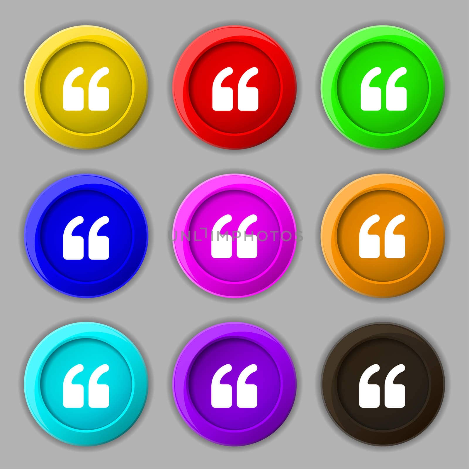Double quotes at the beginning of words icon sign. symbol on nine round colourful buttons. illustration