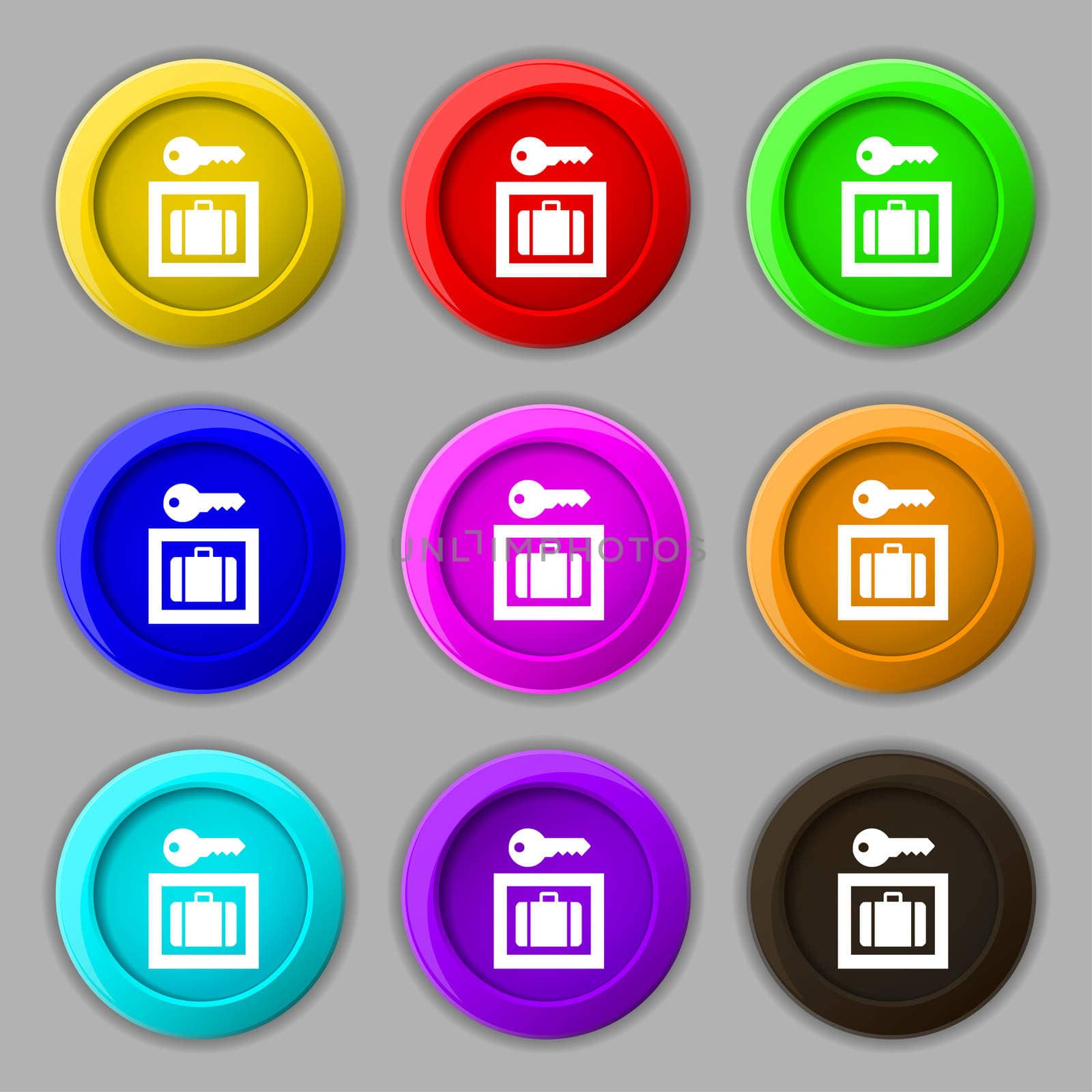 Luggage Storage icon sign. symbol on nine round colourful buttons. illustration