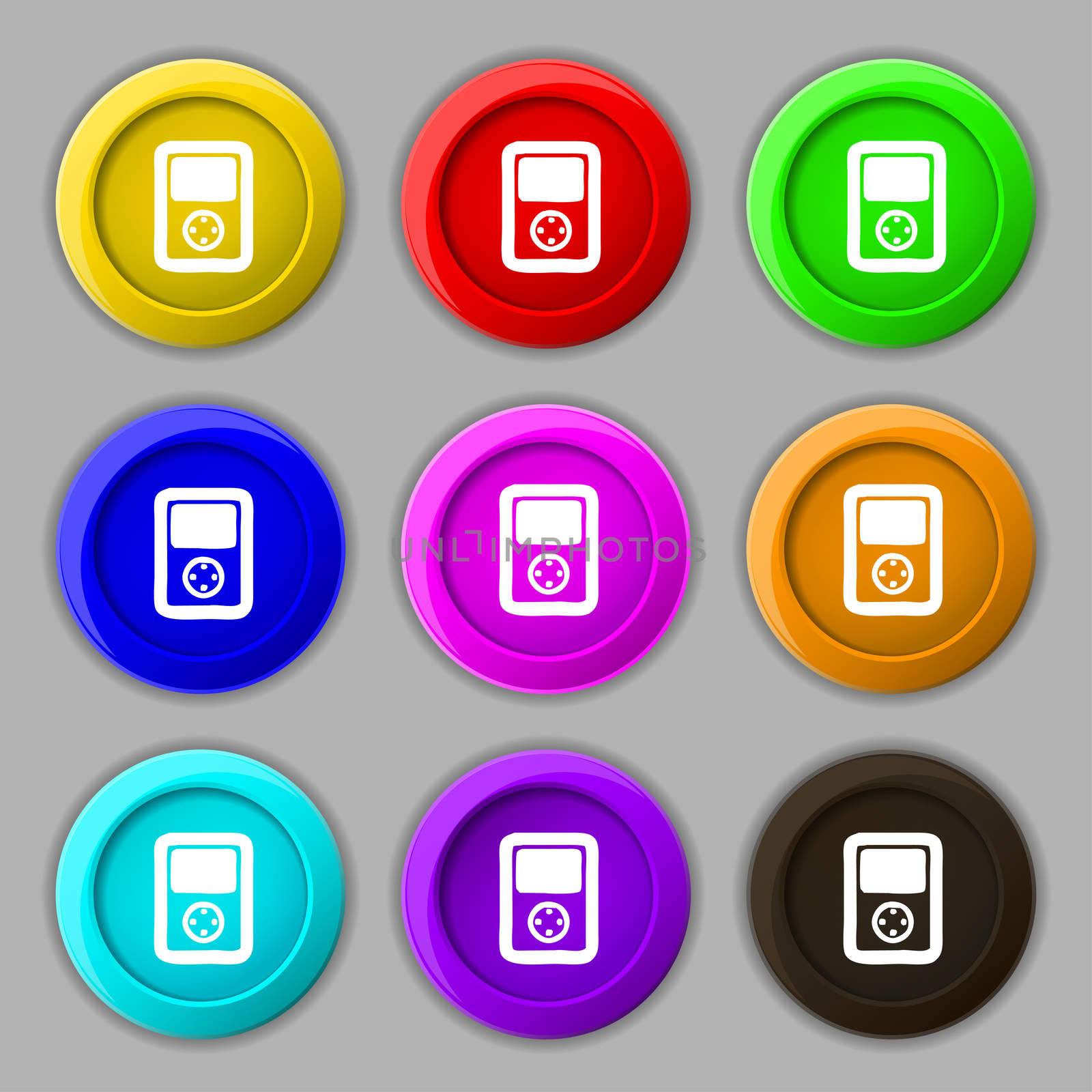 Tetris, video game console icon sign. symbol on nine round colourful buttons. illustration