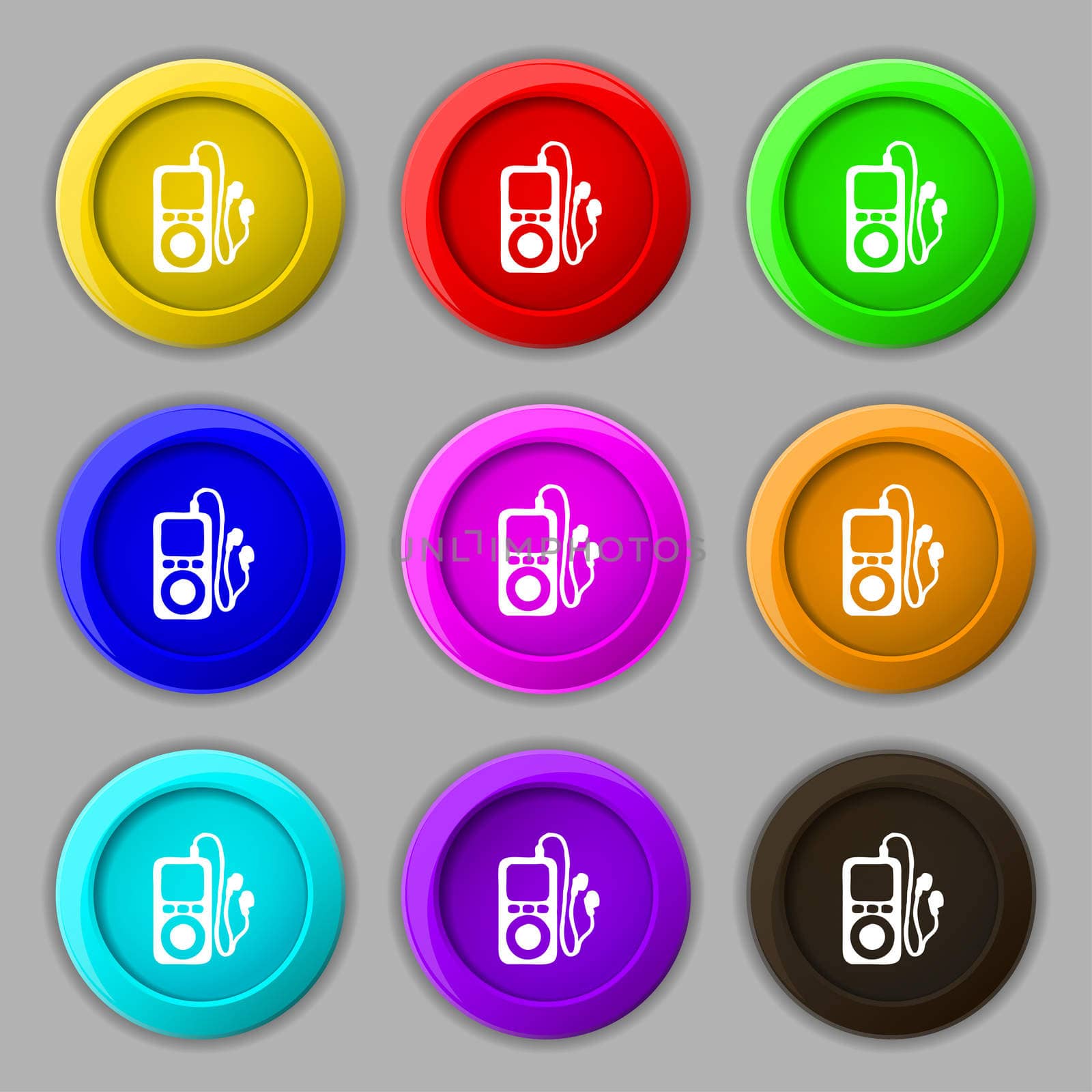 MP3 player, headphones, music icon sign. symbol on nine round colourful buttons. illustration