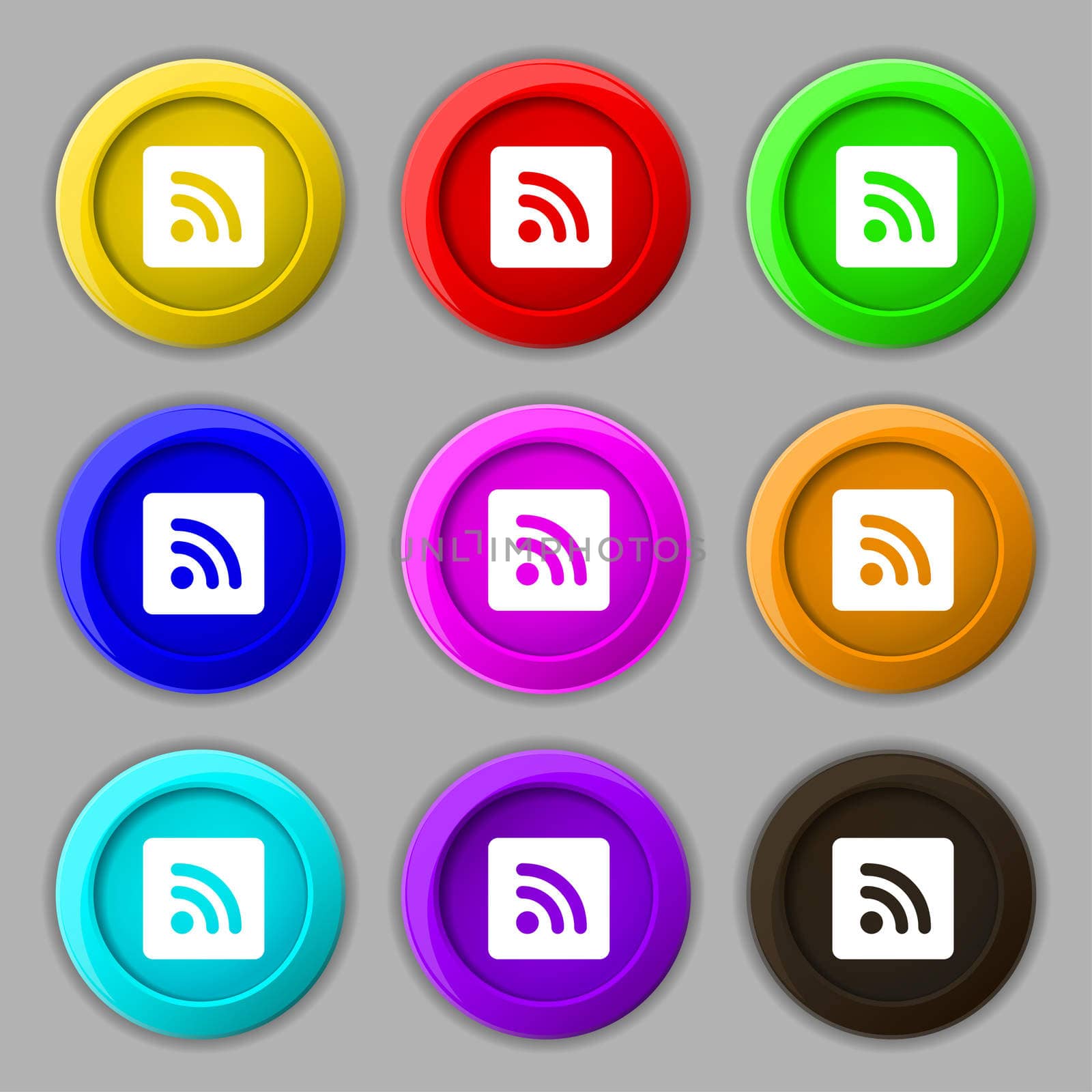 RSS feed icon sign. symbol on nine round colourful buttons.  by serhii_lohvyniuk