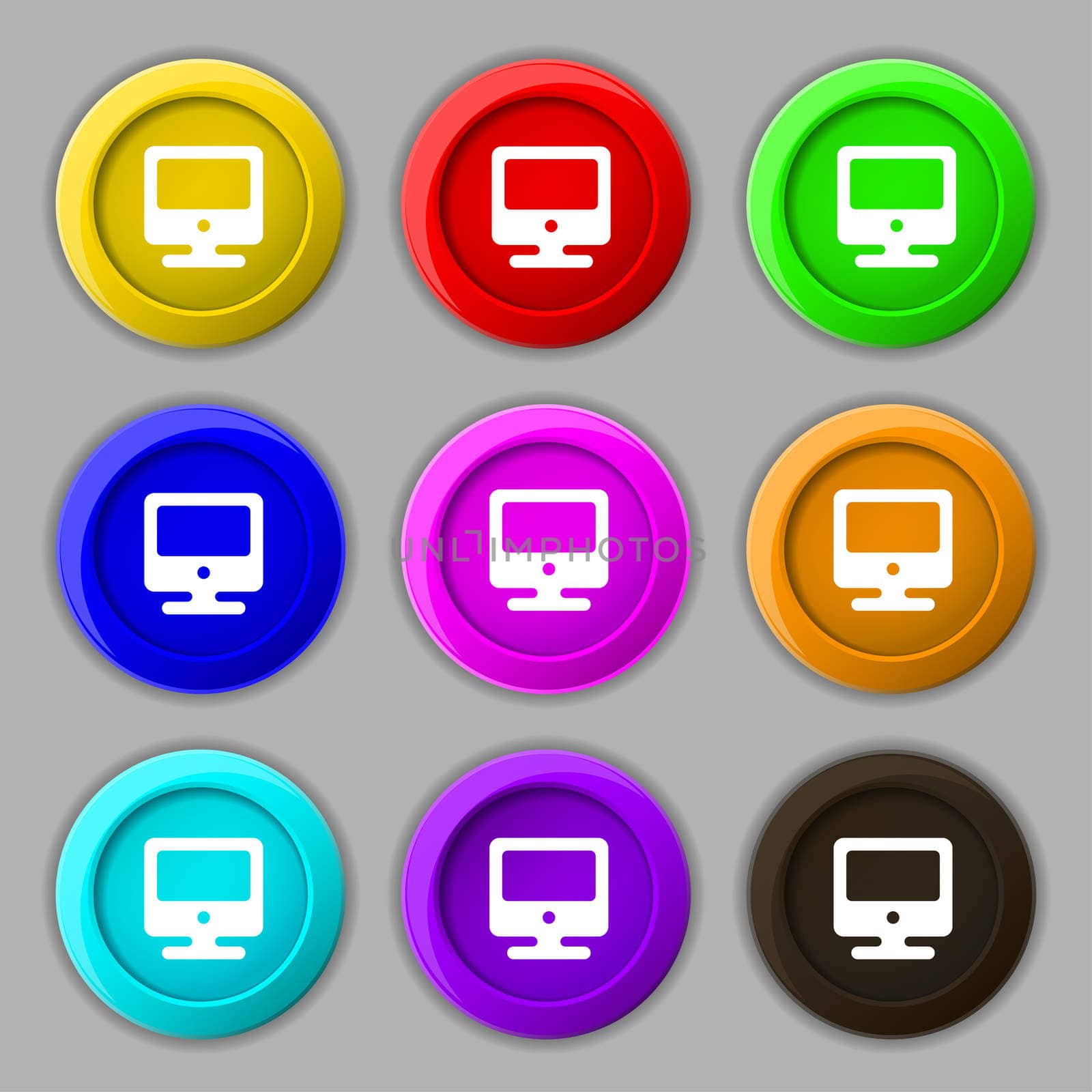 monitor icon sign. symbol on nine round colourful buttons. illustration