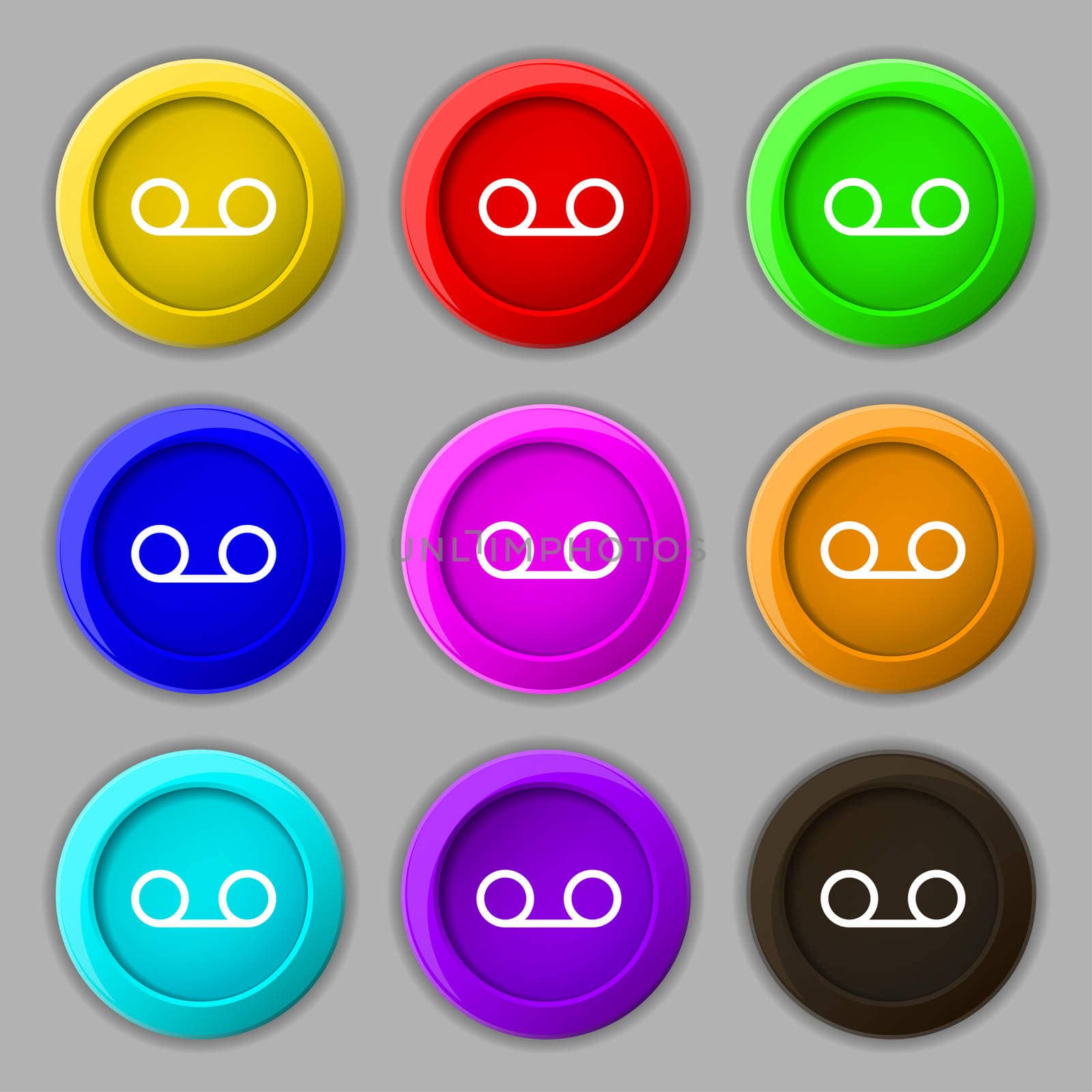 audio cassette icon sign. symbol on nine round colourful buttons. illustration