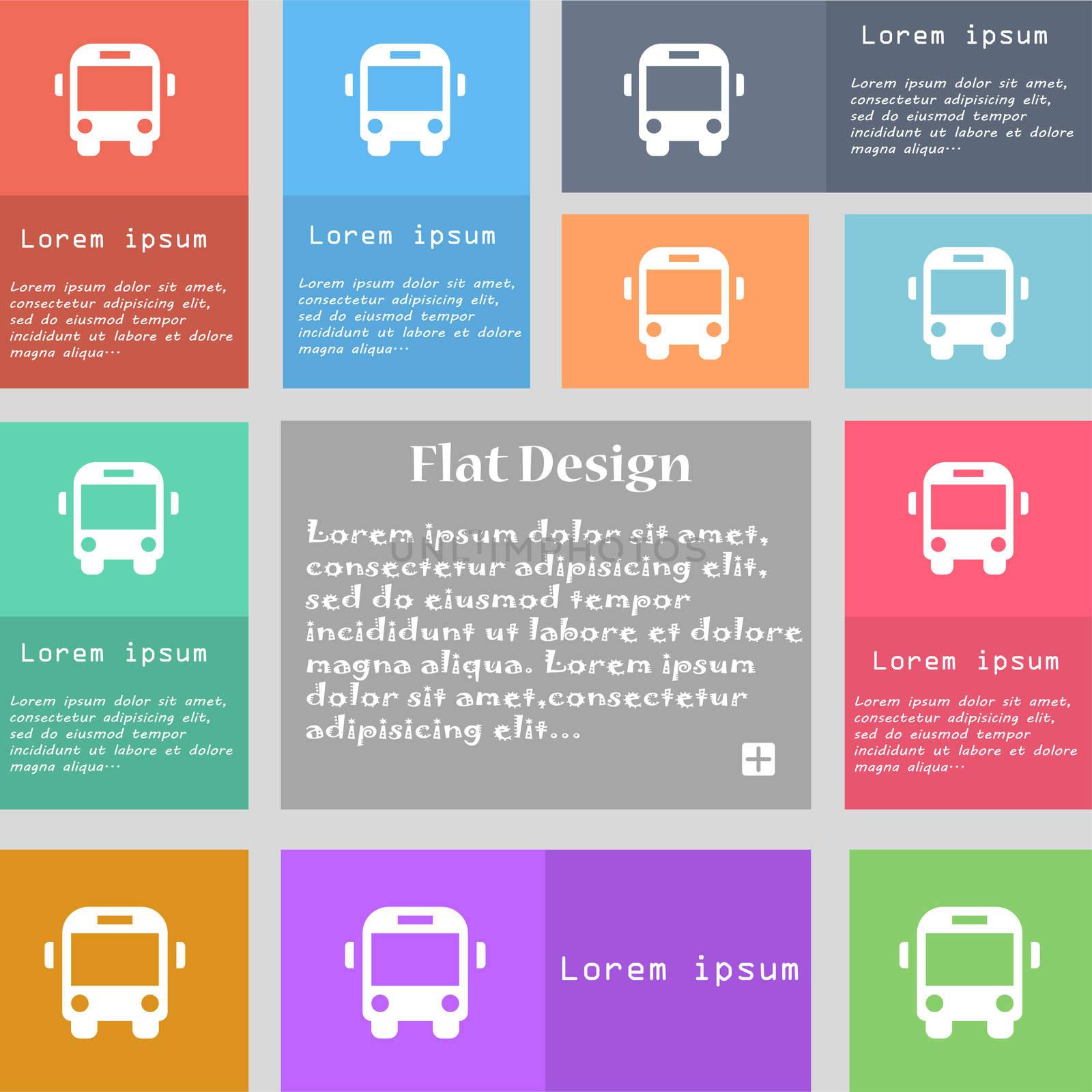 Bus icon sign. Set of multicolored buttons. Metro style with space for text. The Long Shadow illustration