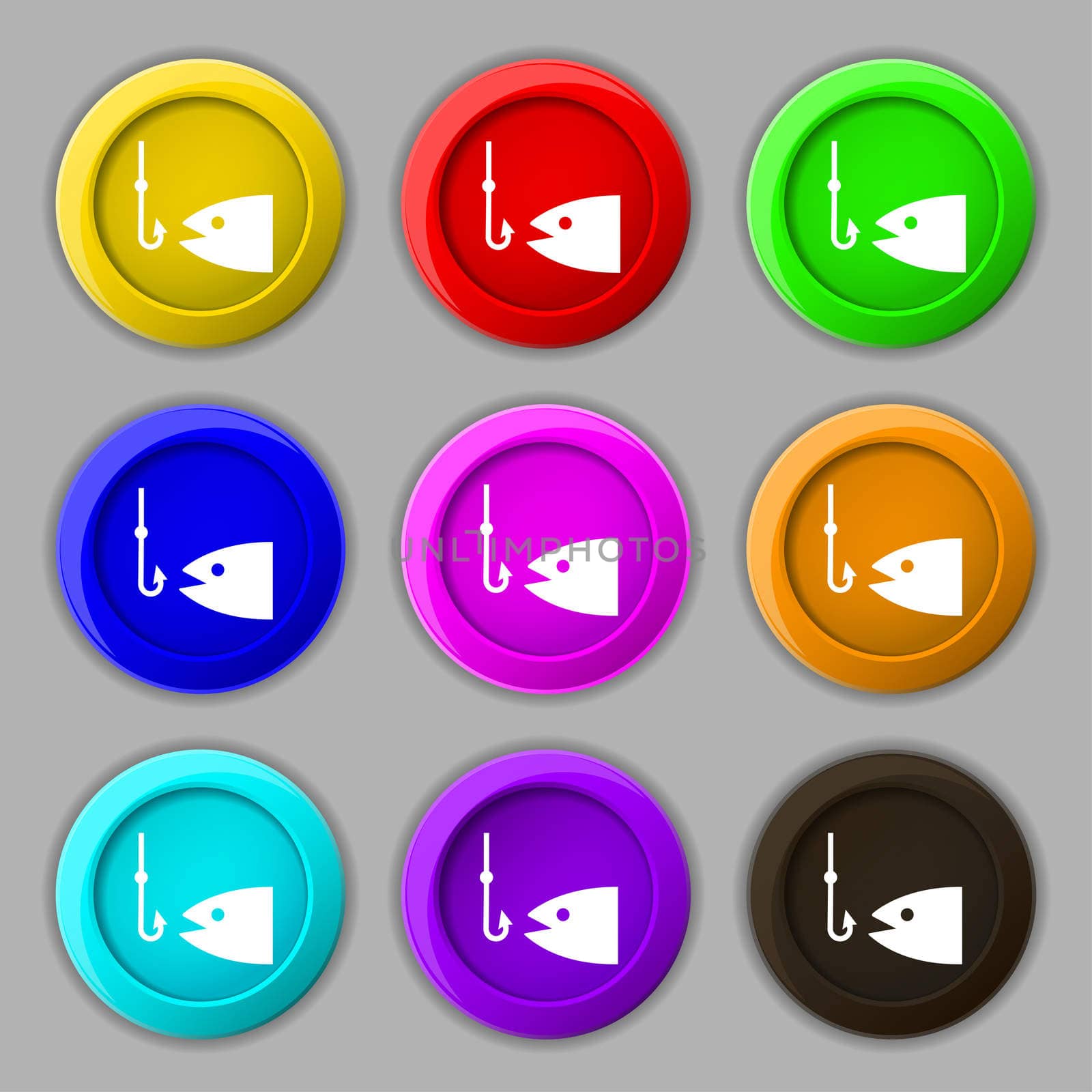 Fishing icon sign. symbol on nine round colourful buttons. illustration
