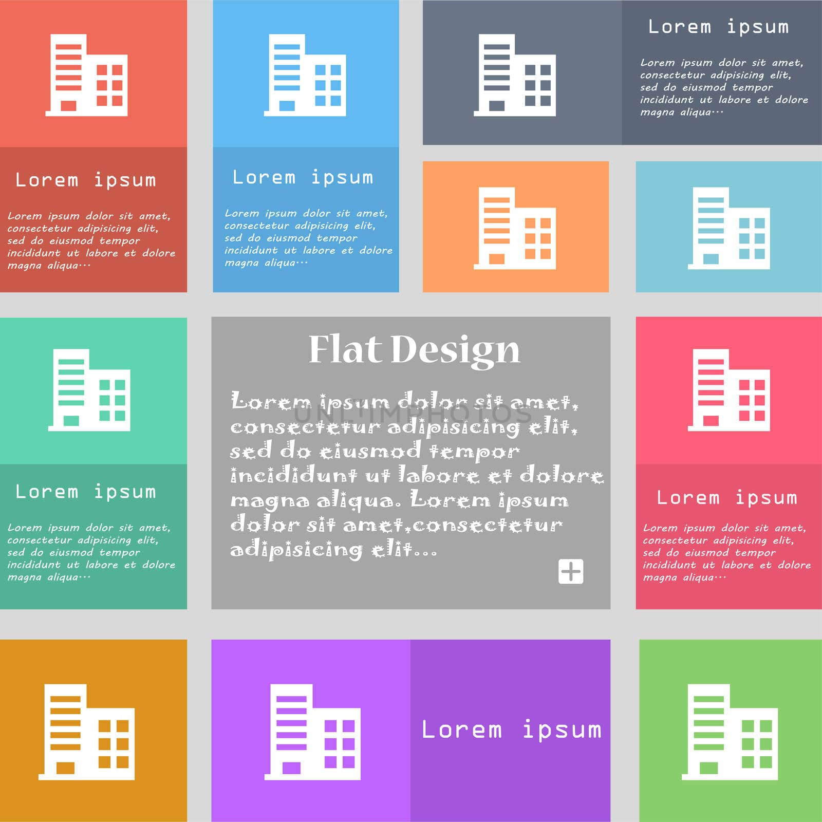  high-rise commercial buildings and residential apartments icon sign. Set of multicolored buttons. Metro style with space for text. The Long Shadow illustration