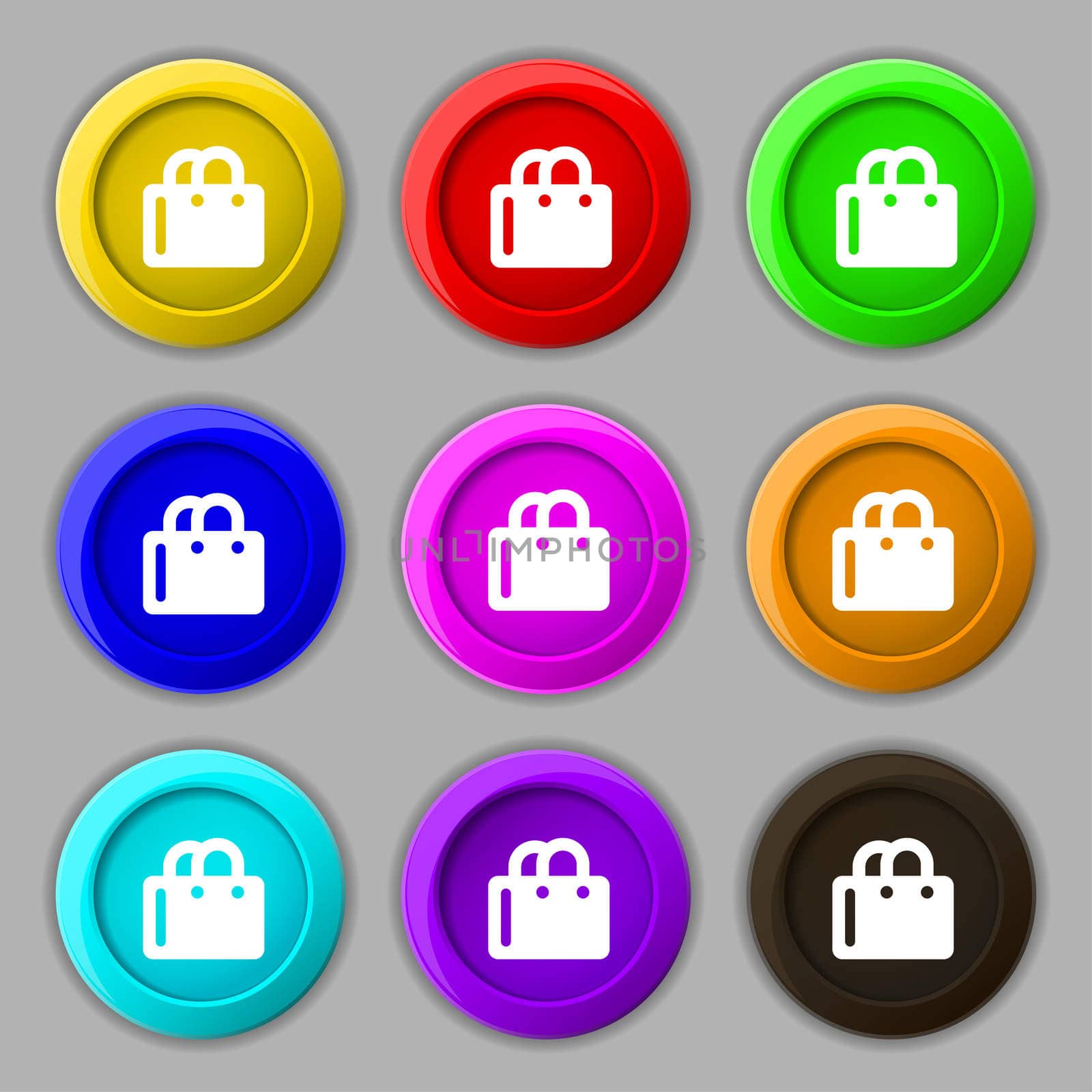 shopping bag icon sign. symbol on nine round colourful buttons. illustration