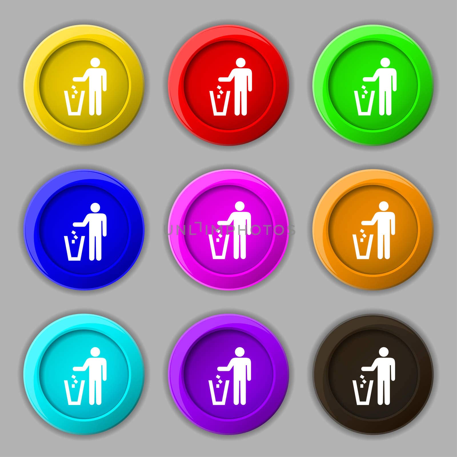 throw away the trash icon sign. symbol on nine round colourful buttons.  by serhii_lohvyniuk