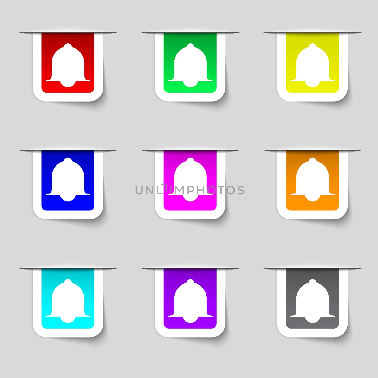 Alarm bell sign icon. Wake up alarm symbol. Speech bubbles information icons. Set of colourful buttons  by serhii_lohvyniuk