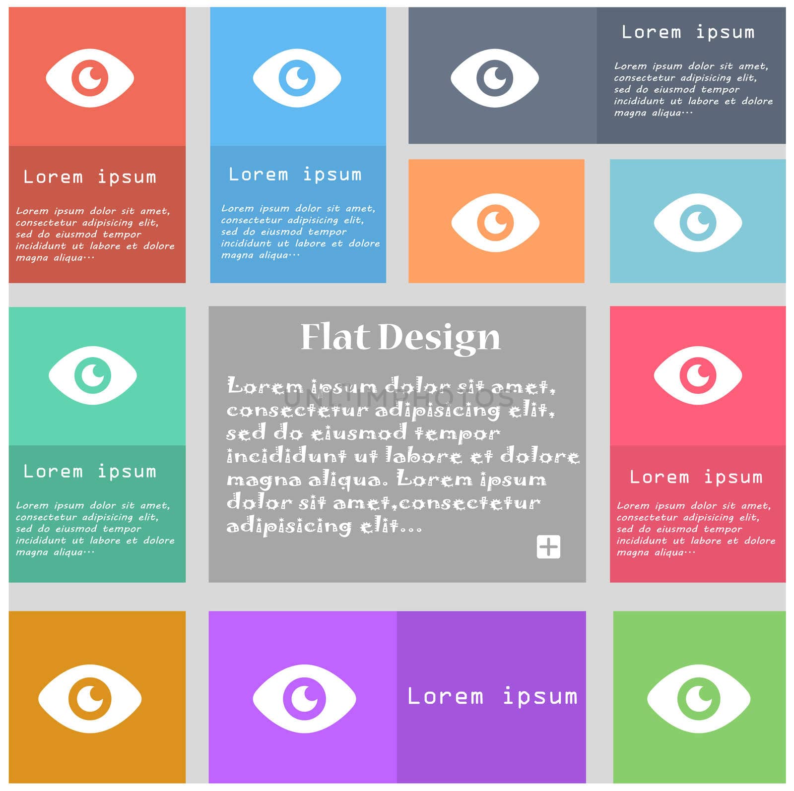 Eye, Publish content icon sign. Set of multicolored buttons with space for text.  by serhii_lohvyniuk