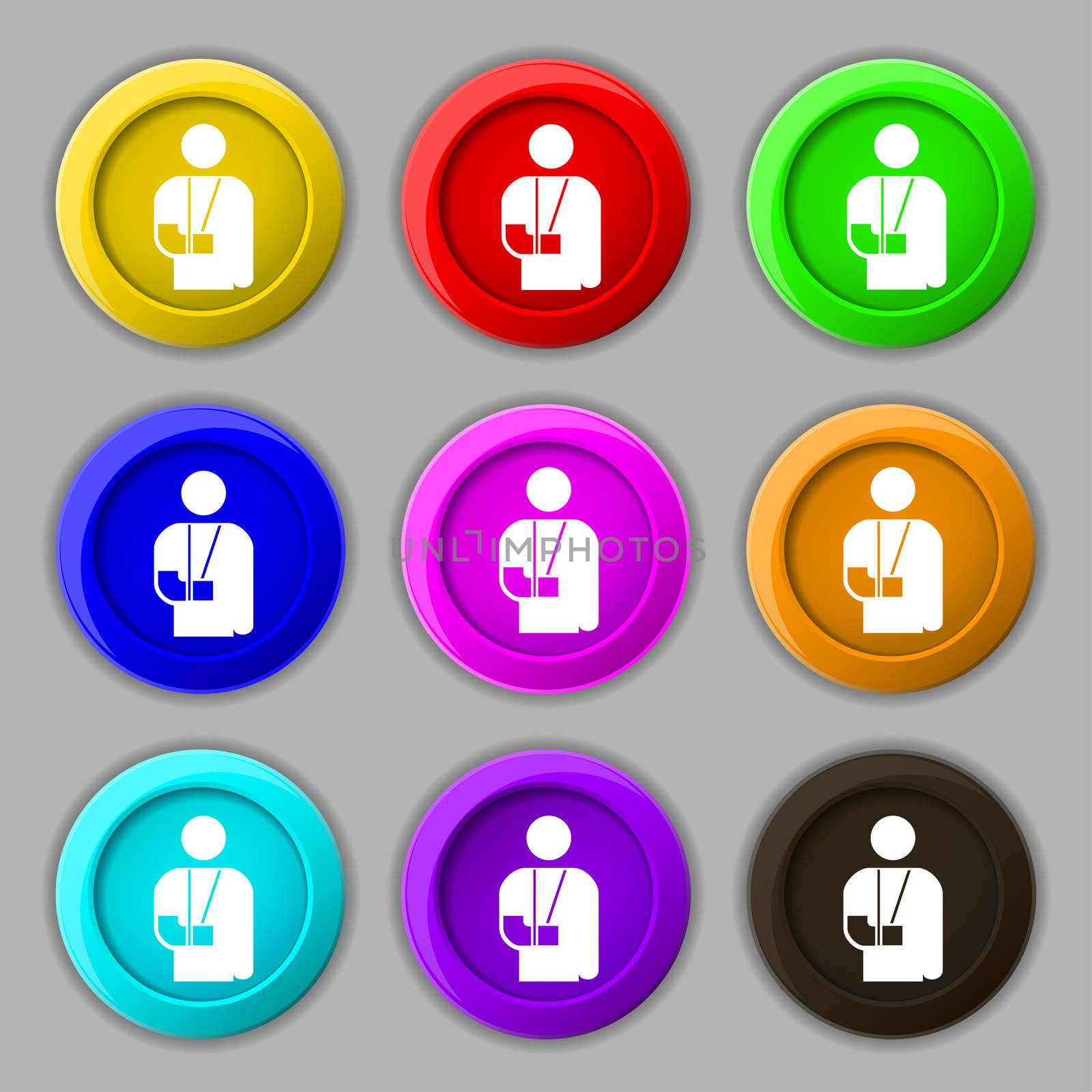 broken arm, disability icon sign. symbol on nine round colourful buttons.  by serhii_lohvyniuk