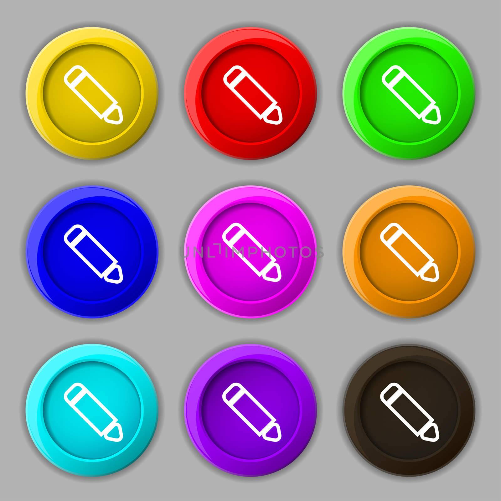 Pen icon sign. symbol on nine round colourful buttons.  by serhii_lohvyniuk